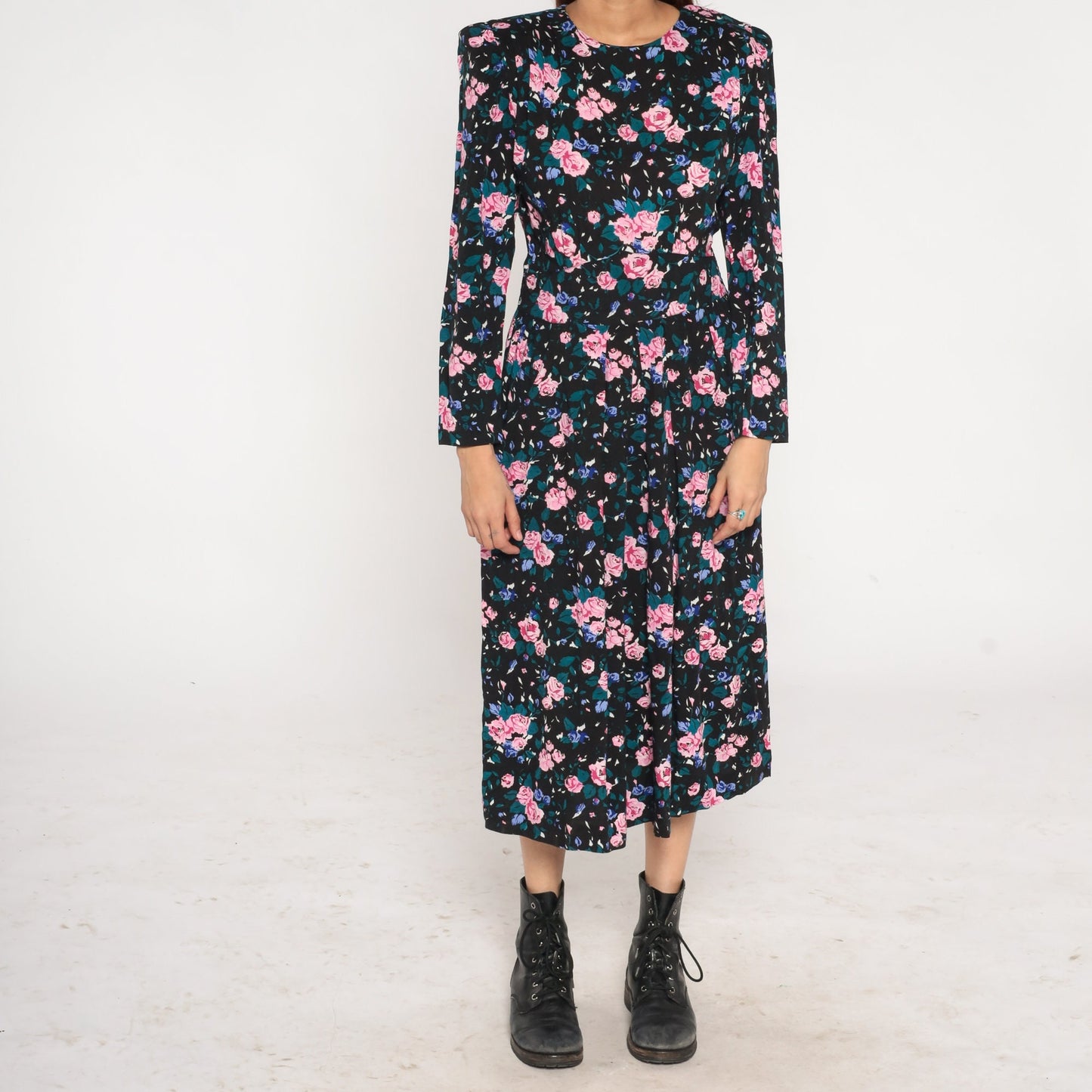 90s Black Floral Midi Dress Power Shoulders Pockets Long Sleeve Medium 10