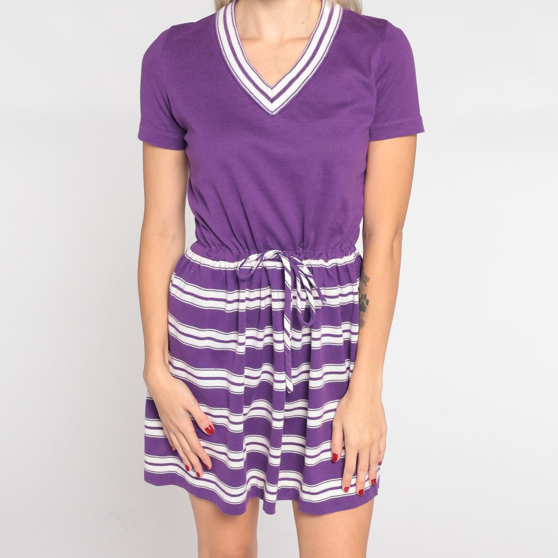 70s Purple Striped Mini Dress V Neck Ringer Short Sleeve Drawstring Waist Small