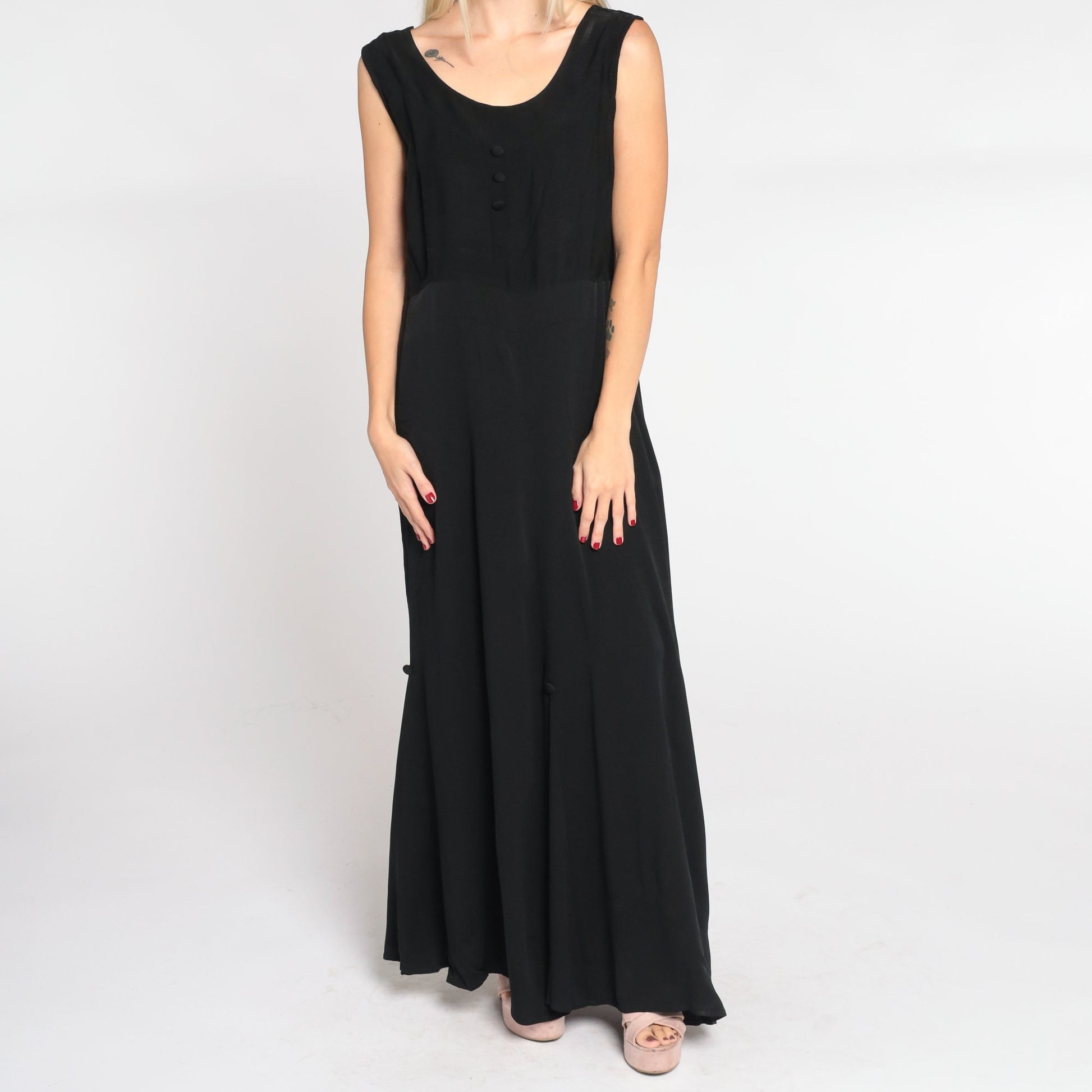 90s Black Maxi Dress Sleeveless High Waist Decorative Buttons Small