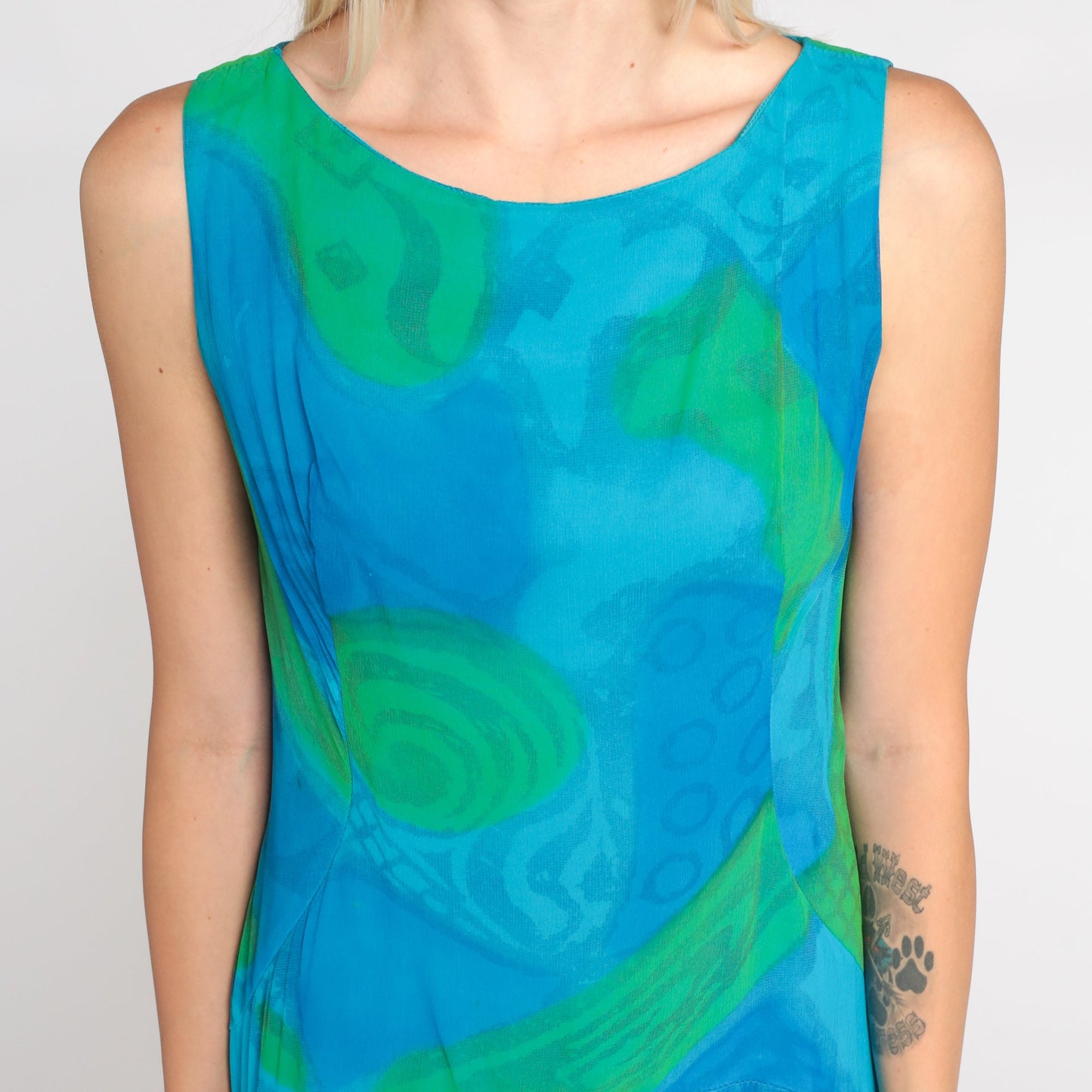 60s Mod Mini Dress Blue Abstract Print Sleeveless Drop Waist Small S