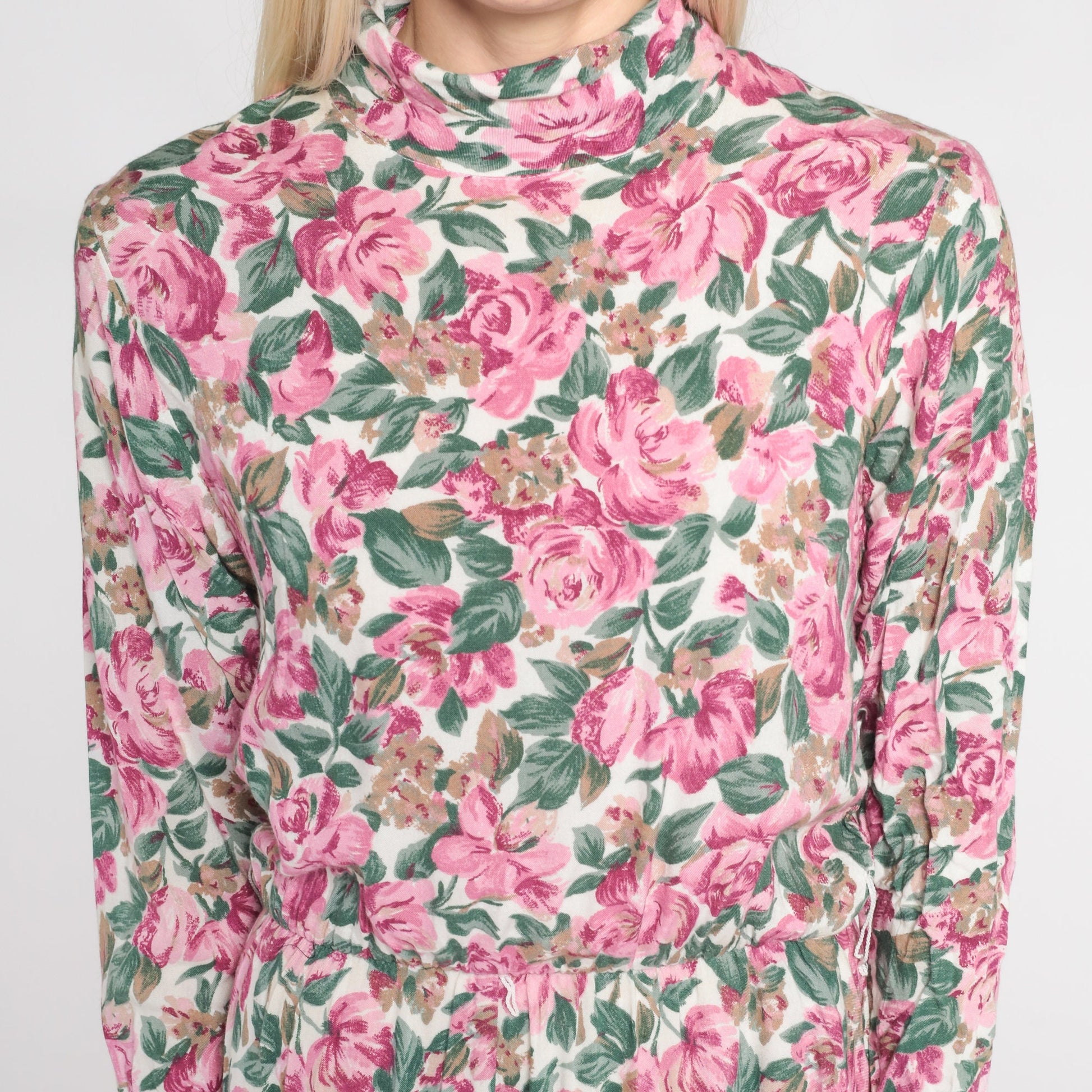 90s Floral Midi Dress White Mock Neck Long Sleeve High Waist Medium 8