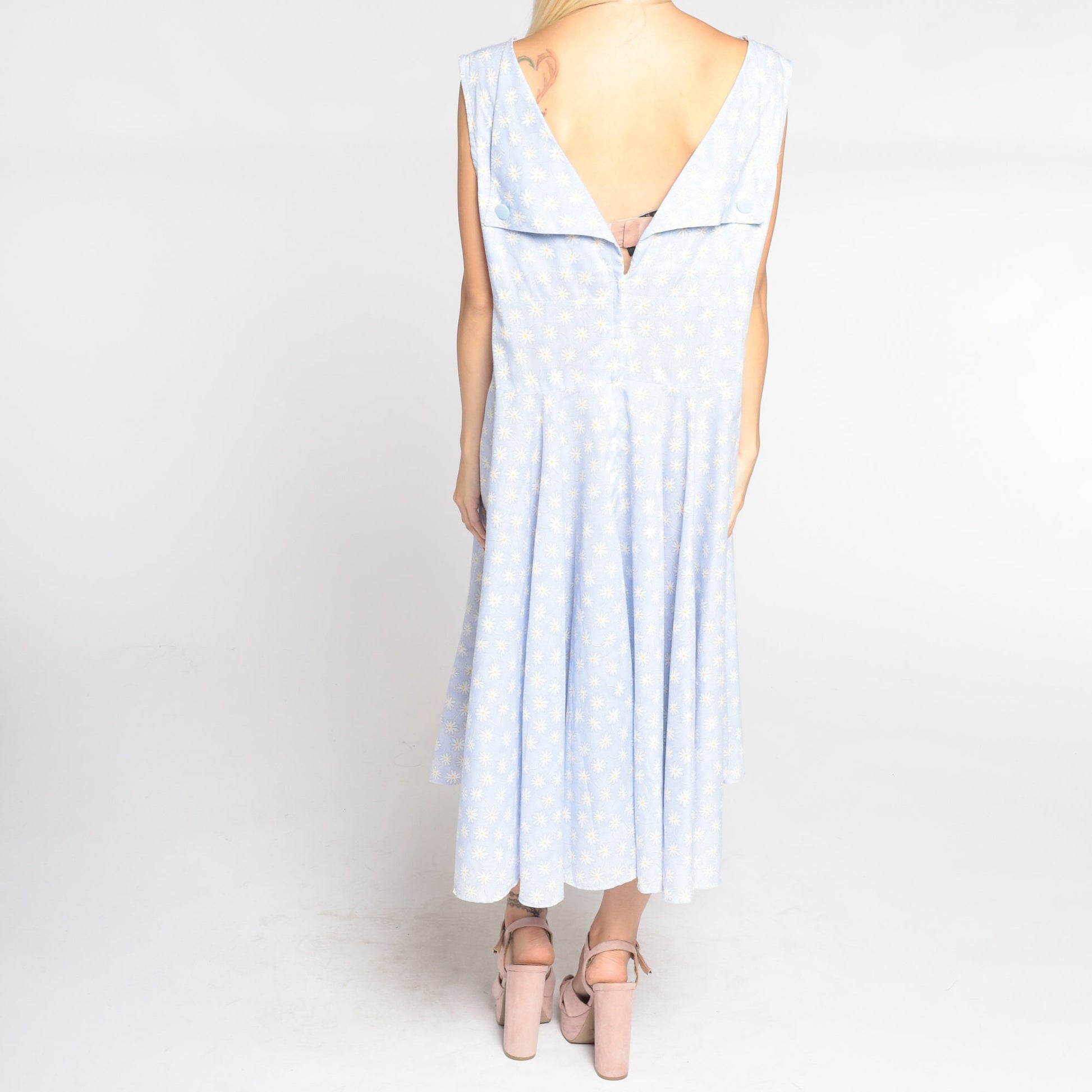 90s Blue Daisy Print Midi Dress High Waist Low Back Sleeveless Large