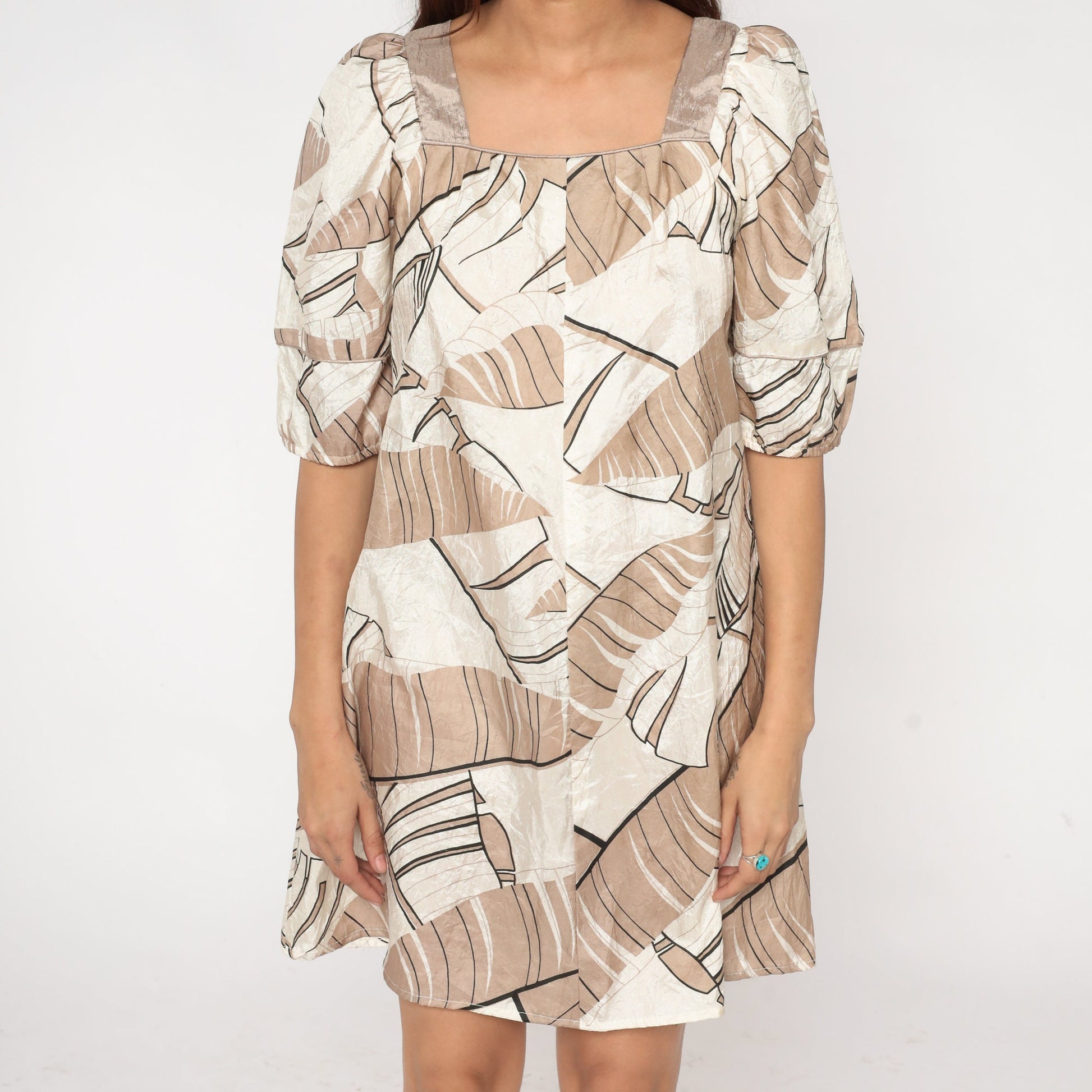 90s Tropical Leaf Print Mini Dress Puff Sleeve Shift Brown Cream Small