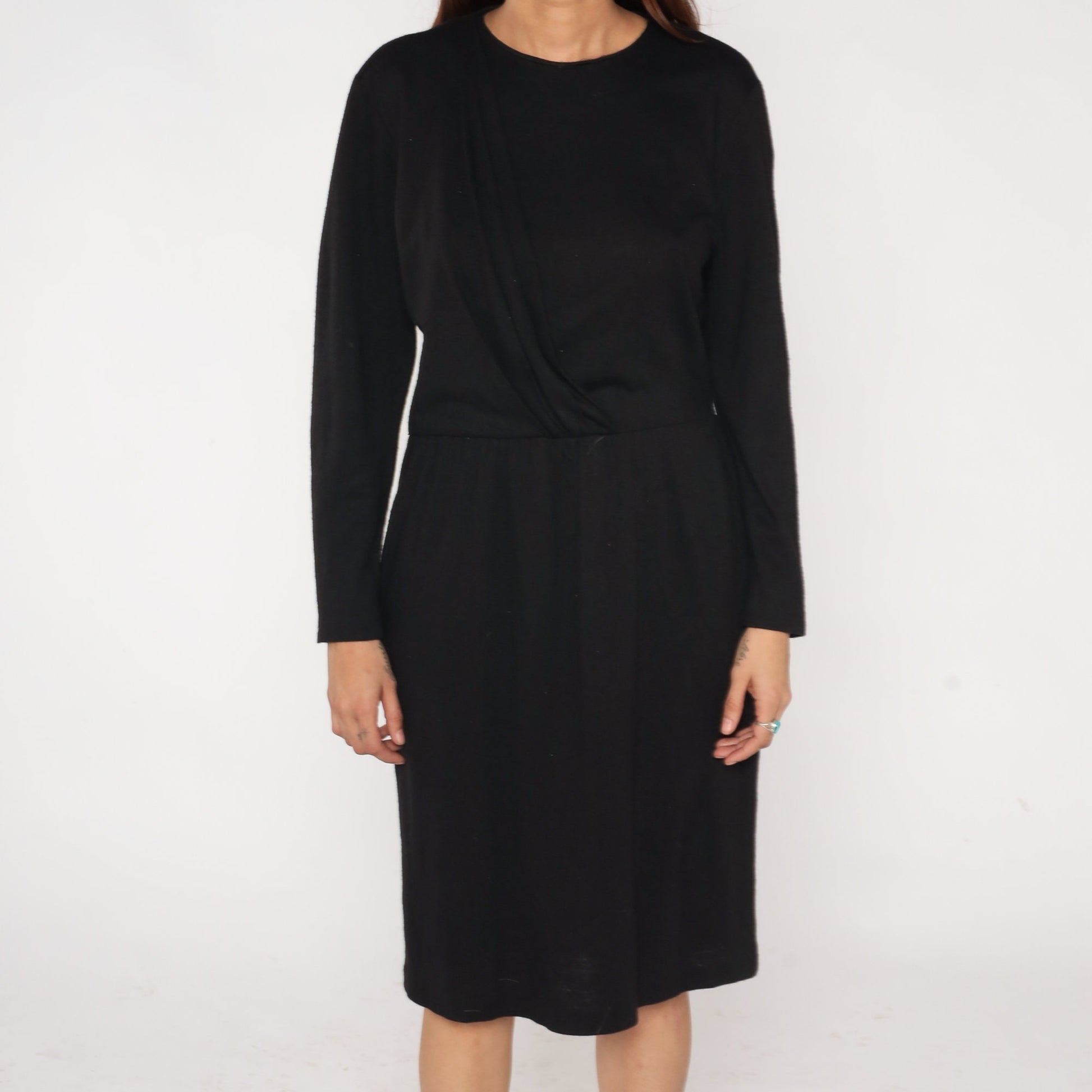 90s Black Wool Midi Dress High Waist Long Sleeve Medium