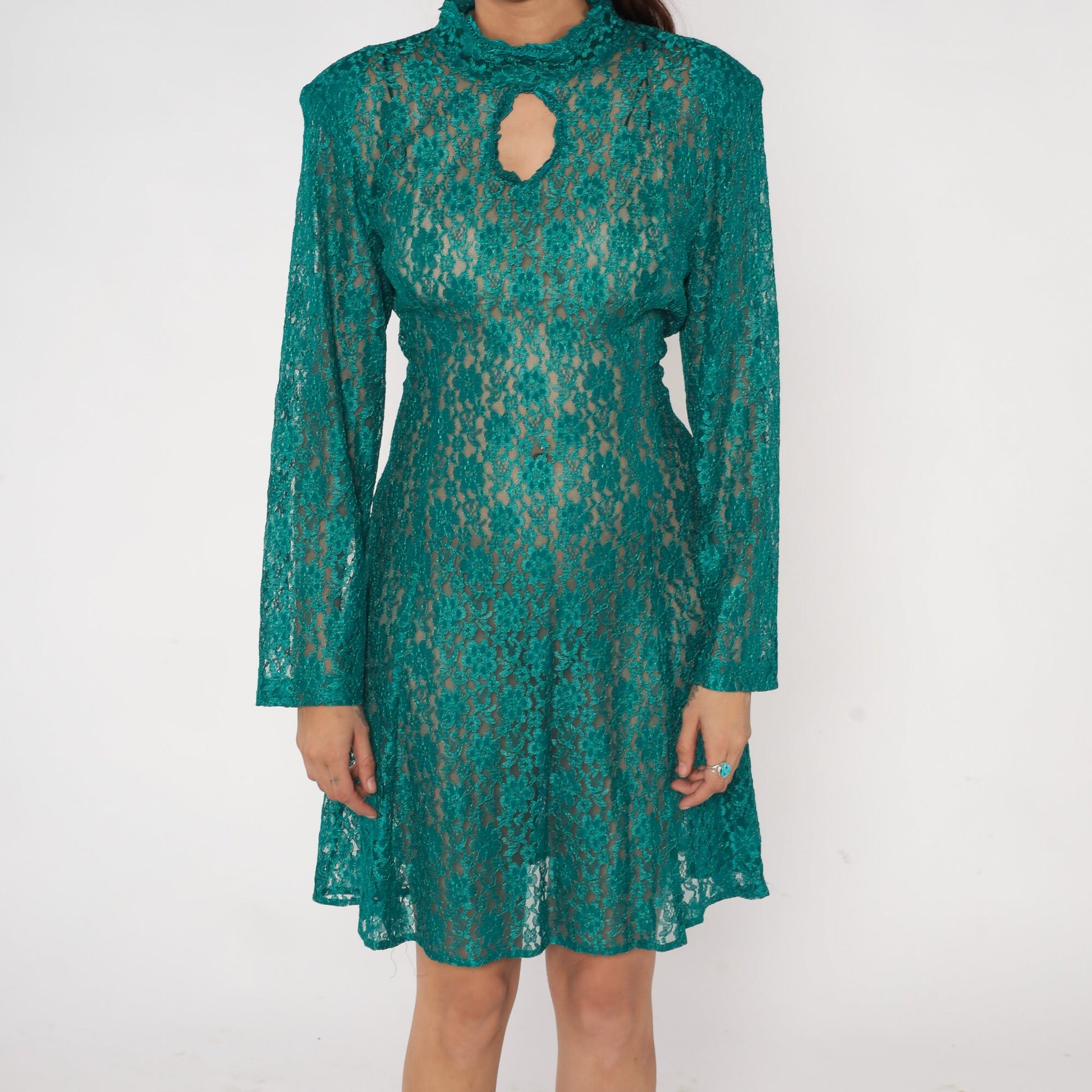90s Green Lace Mini Dress Keyhole Neckline Long Sleeve Medium
