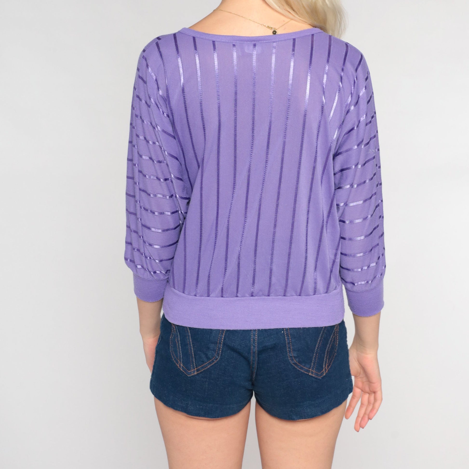 80s Purple Ribbon Striped Blouse Dolman Sleeve Banded Hem Extra Small
