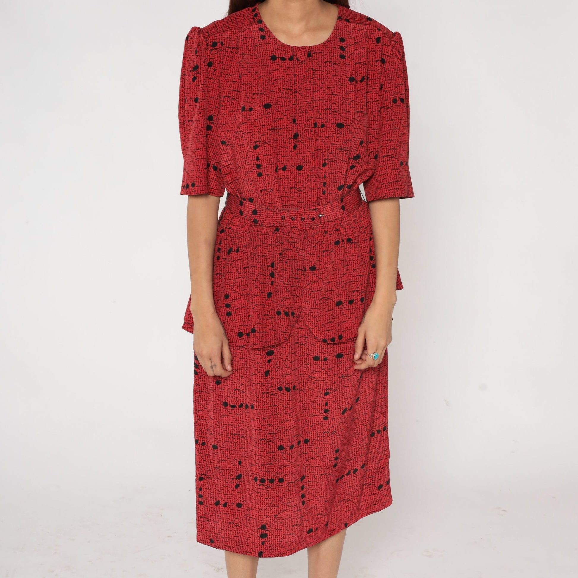 80s Red Speckled Dot Print Peplum Dress Puff Sleeve High Waist Midi Large