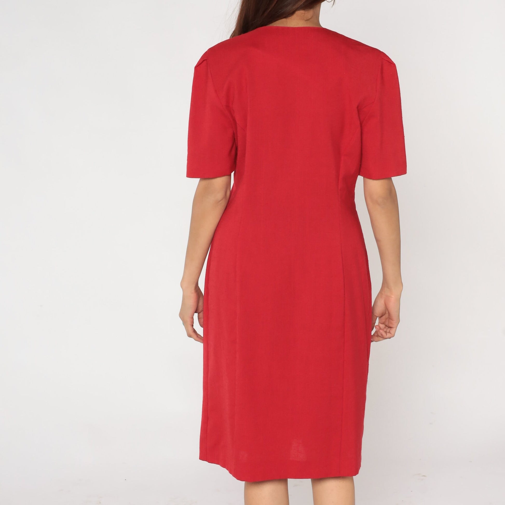 80s Leslie Fay Red Midi Sheath Dress Gold Buttons Puff Sleeve Medium