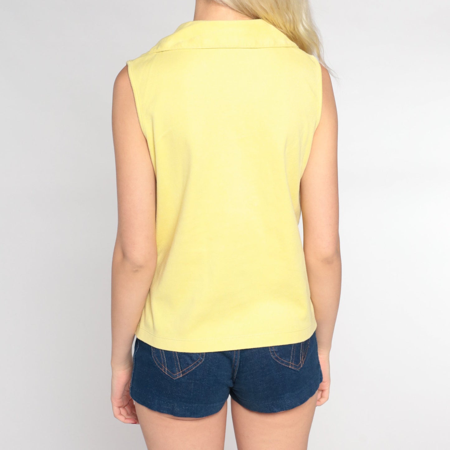 90s Pale Yellow Collared Tank Top V Neck Sleeveless Blouse Small