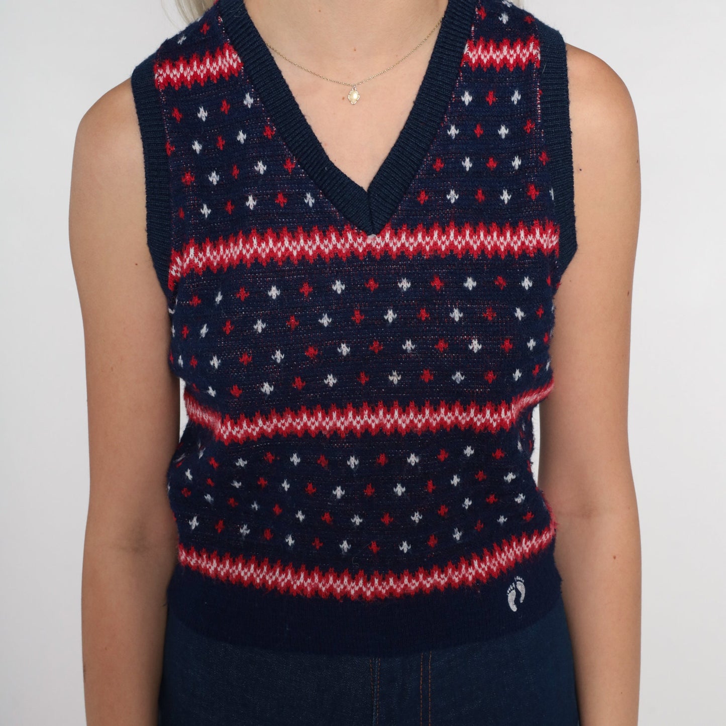 80s Hang Ten Sweater Vest Navy Striped Fleur De Lis Red White Blue XS