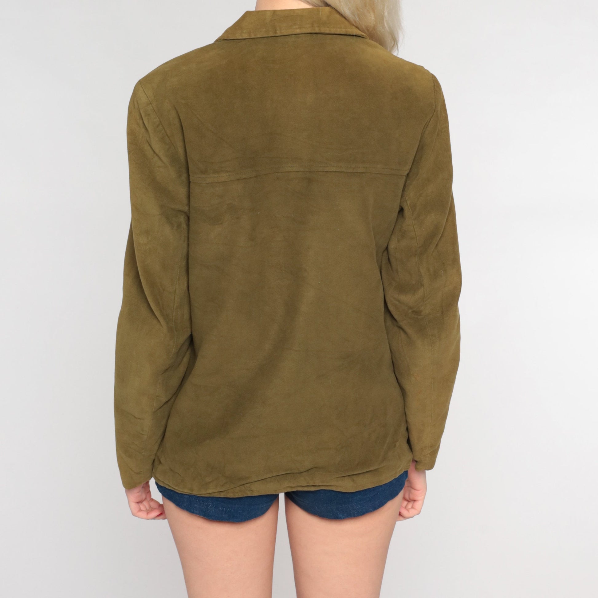 70s Olive Green Faux Suede Button-Up Shirt Long Sleeve Western Medium Large