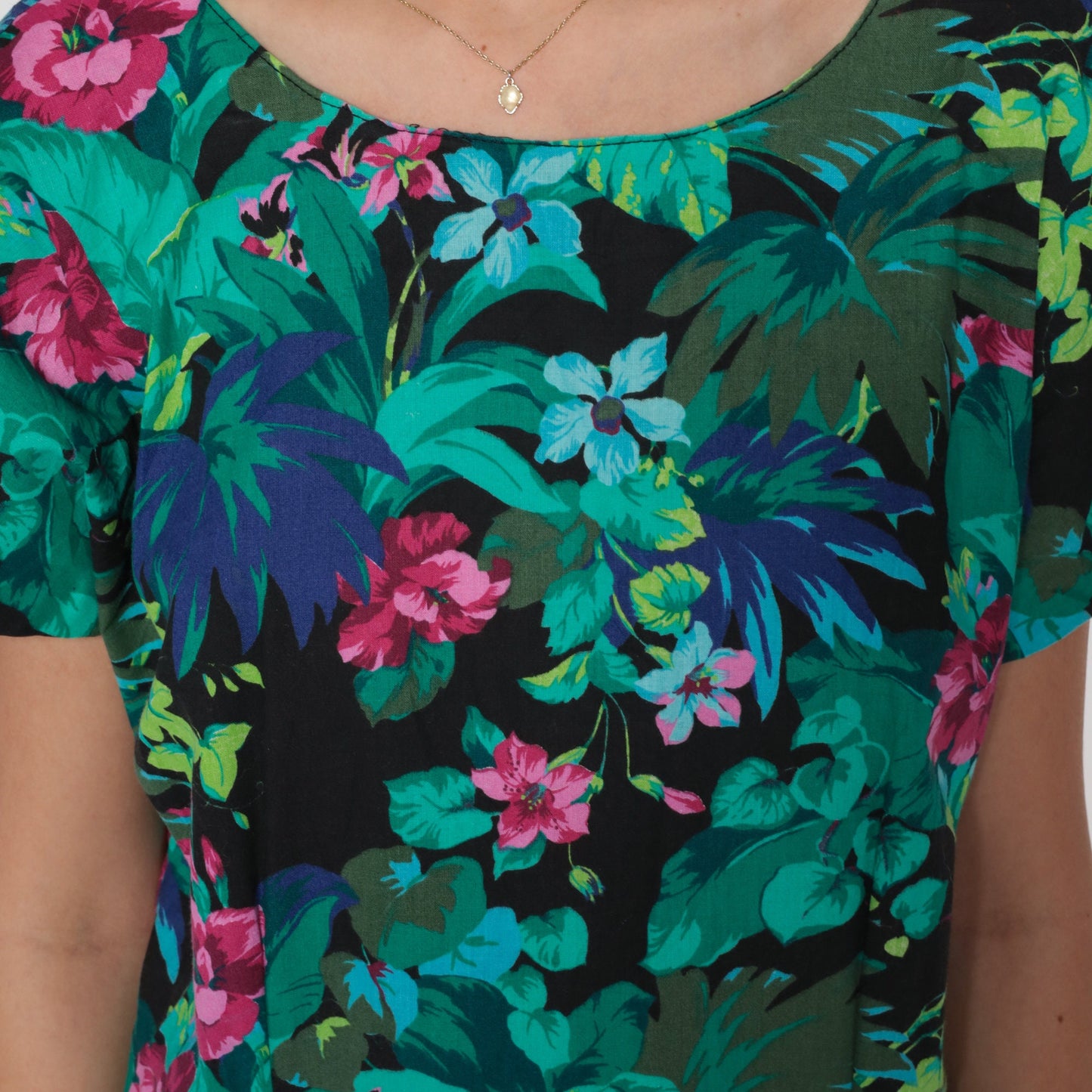 90s Tropical Floral Mini Dress Black Leaf Print Drop Waist Tiered Ruffle Medium