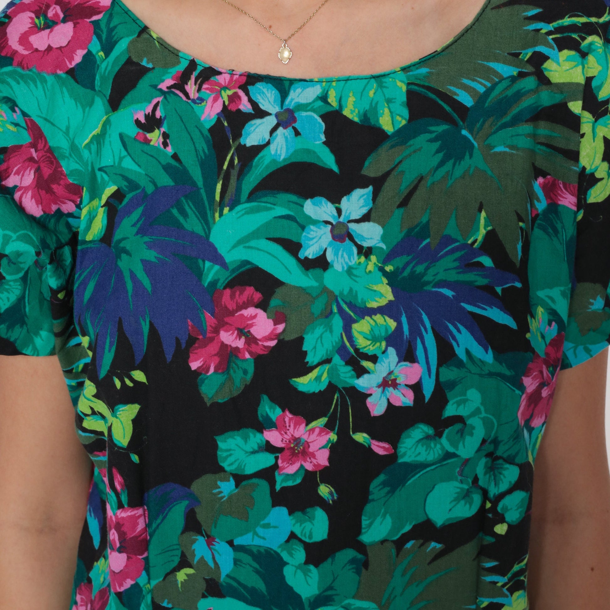 90s Tropical Floral Mini Dress Black Leaf Print Drop Waist Tiered Ruffle Medium