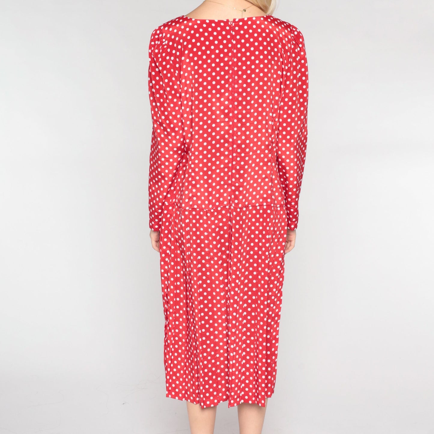 90s Leslie Fay Red Polka Dot Midi Dress Long Sleeve Drop Waist Medium 10