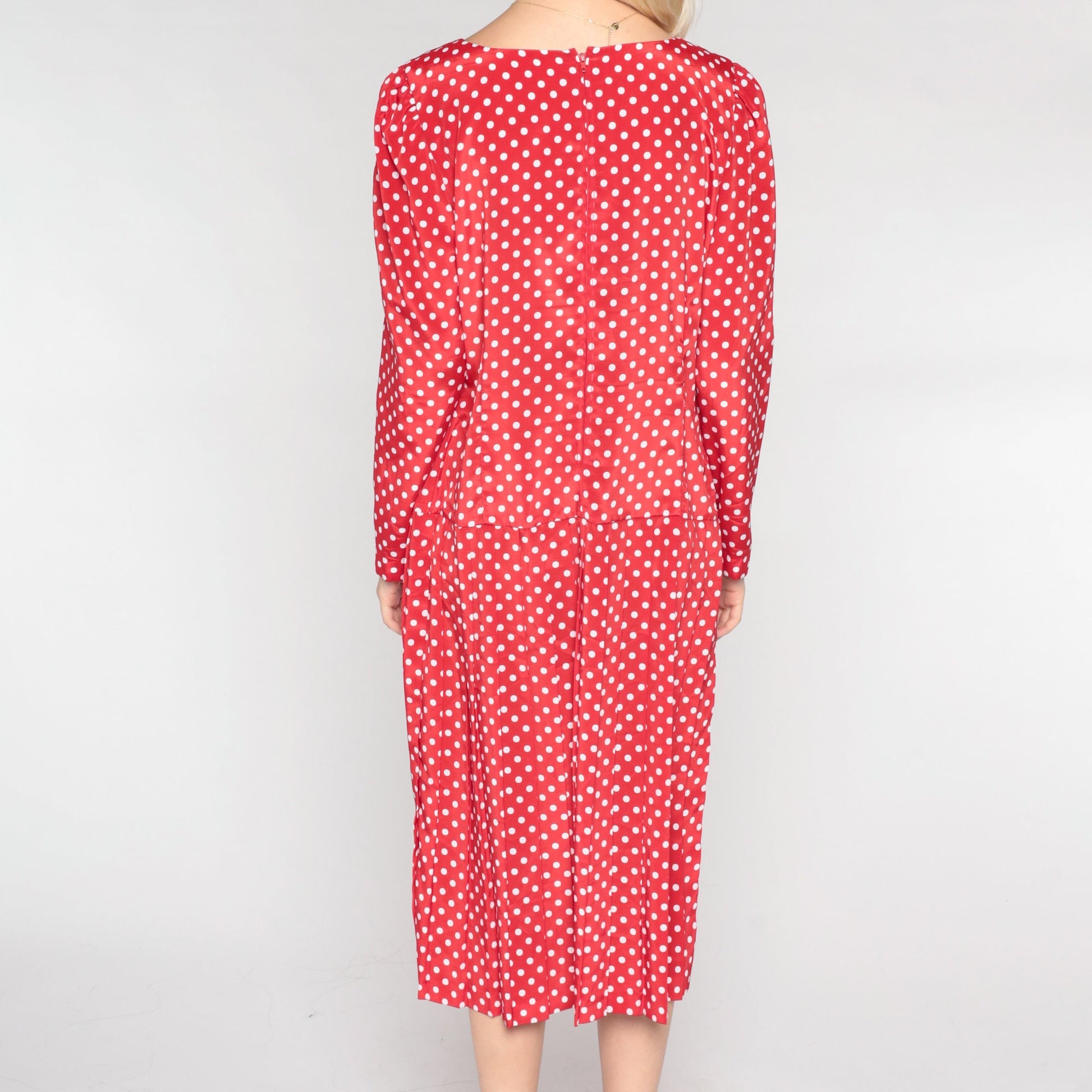 90s Leslie Fay Red Polka Dot Midi Dress Long Sleeve Drop Waist Medium 10