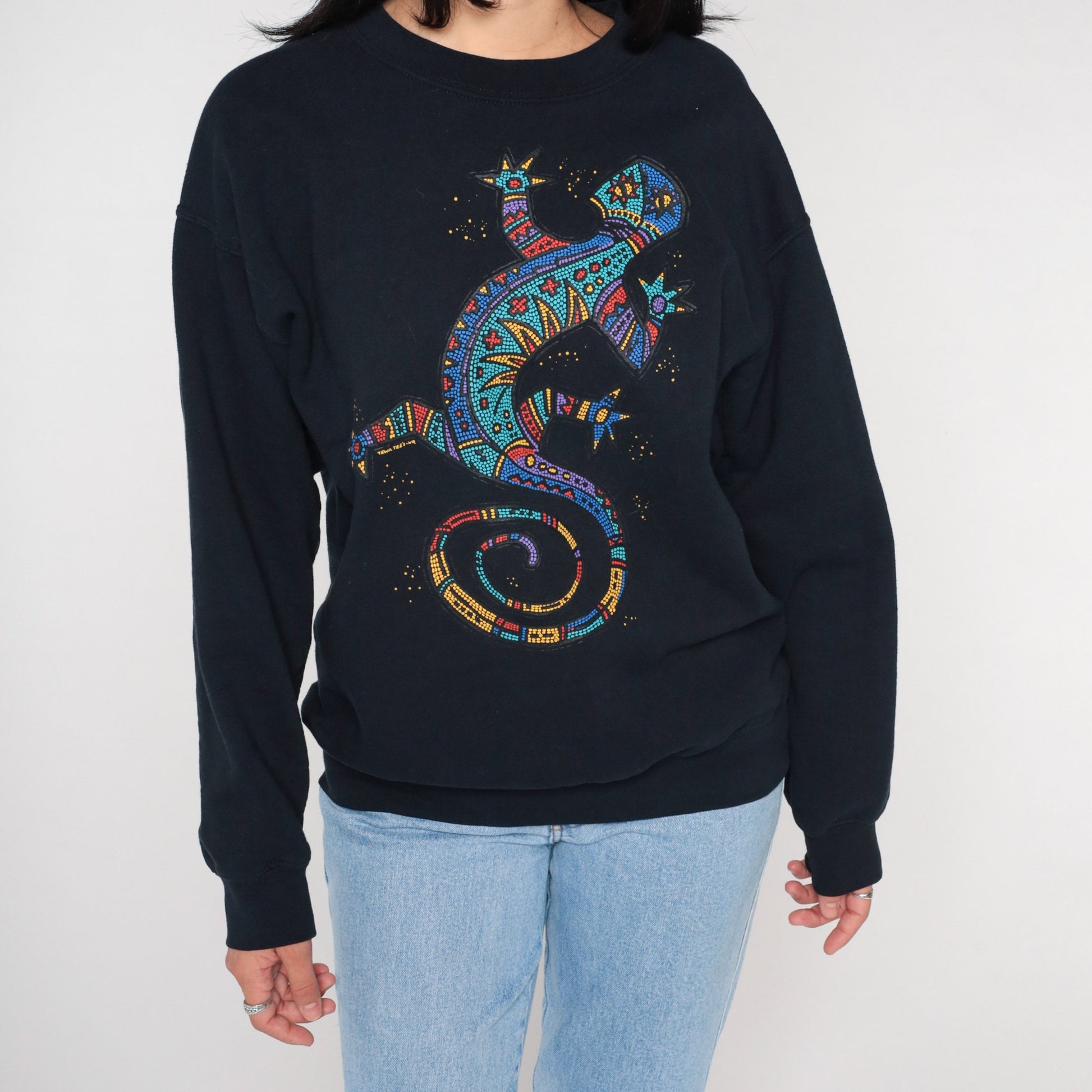 Y2K Tewa Tees Gecko Sweatshirt Black Graphic Crewneck Medium