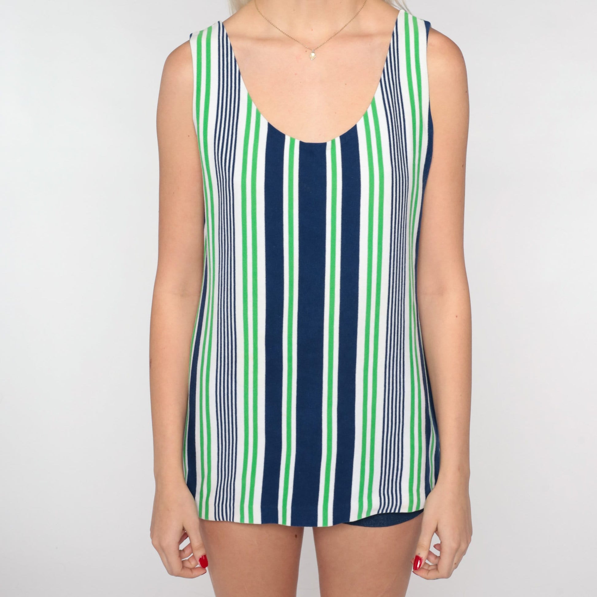 70s Striped Tank Top Navy Blue Green White Sleeveless Shirt Small