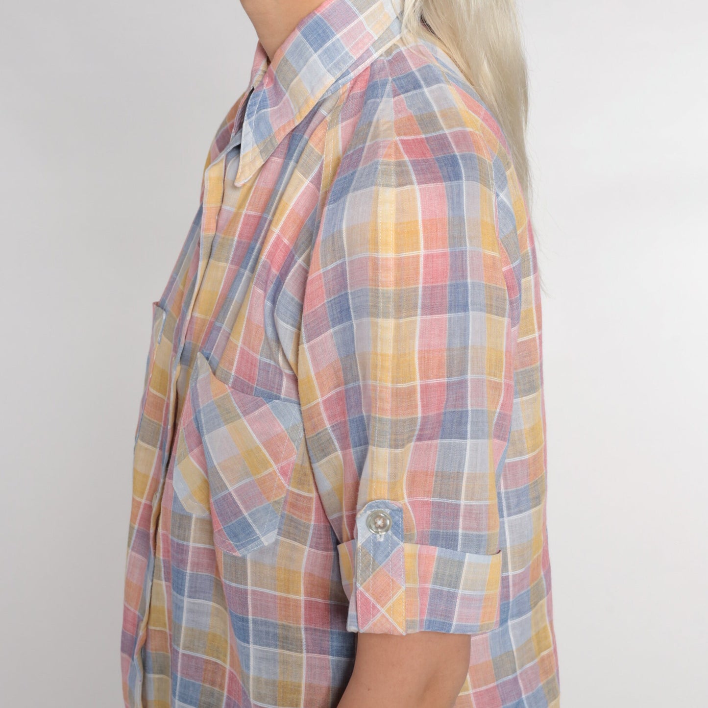 70s Checkered Button-Up Blouse Dagger Collar Short Sleeve Pink Yellow Blue Small