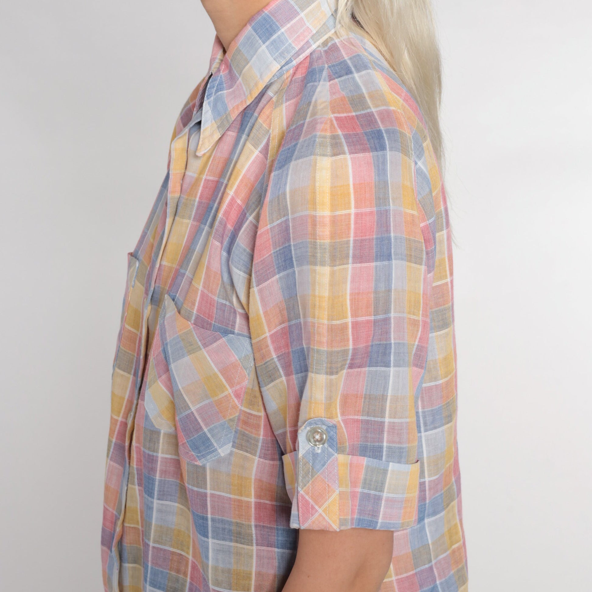 70s Checkered Button-Up Blouse Dagger Collar Short Sleeve Pink Yellow Blue Small