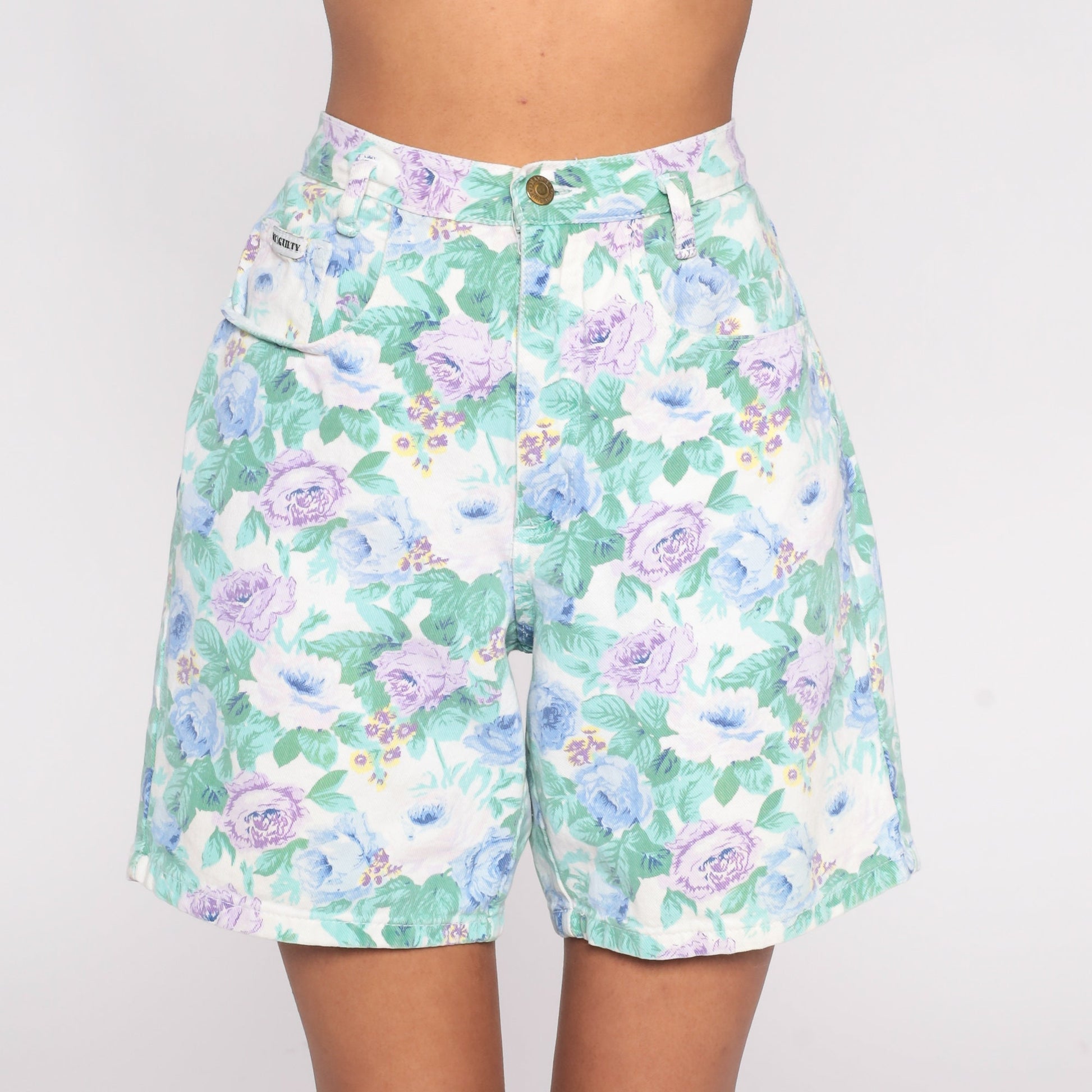 90s Not Guilty Floral Denim Shorts High Waist Green Purple Medium