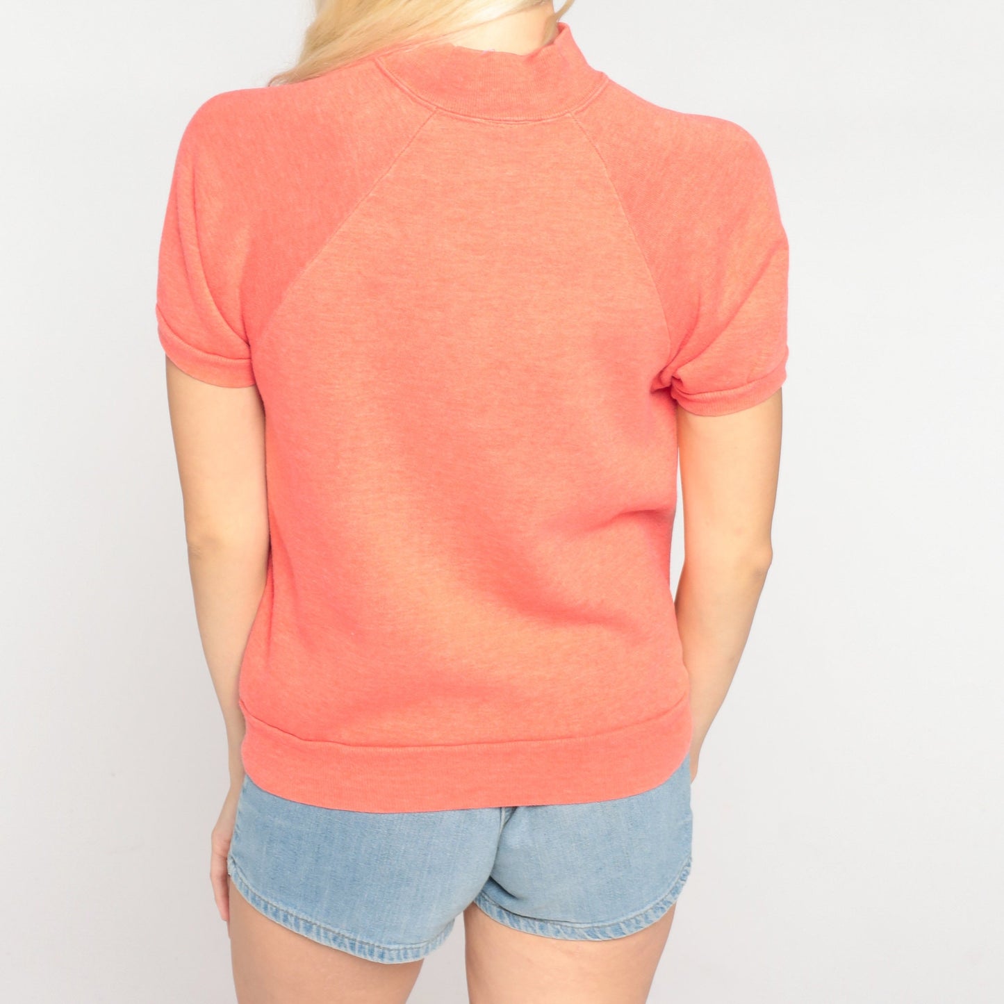 80s Coral Mock Neck Raglan Sweatshirt Short Sleeve Pink Top Extra Small XS