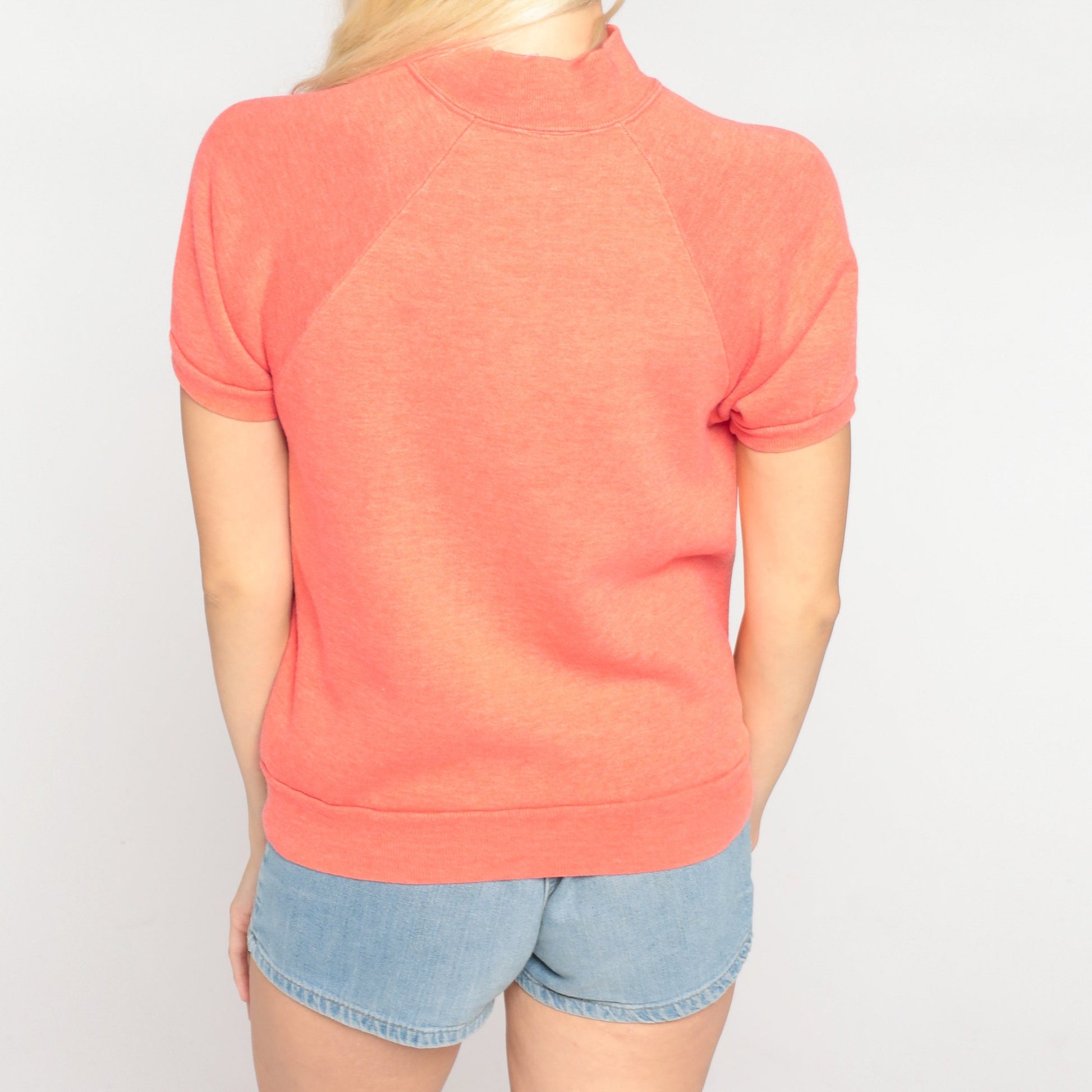 80s Coral Mock Neck Raglan Sweatshirt Short Sleeve Pink Top Extra Small XS
