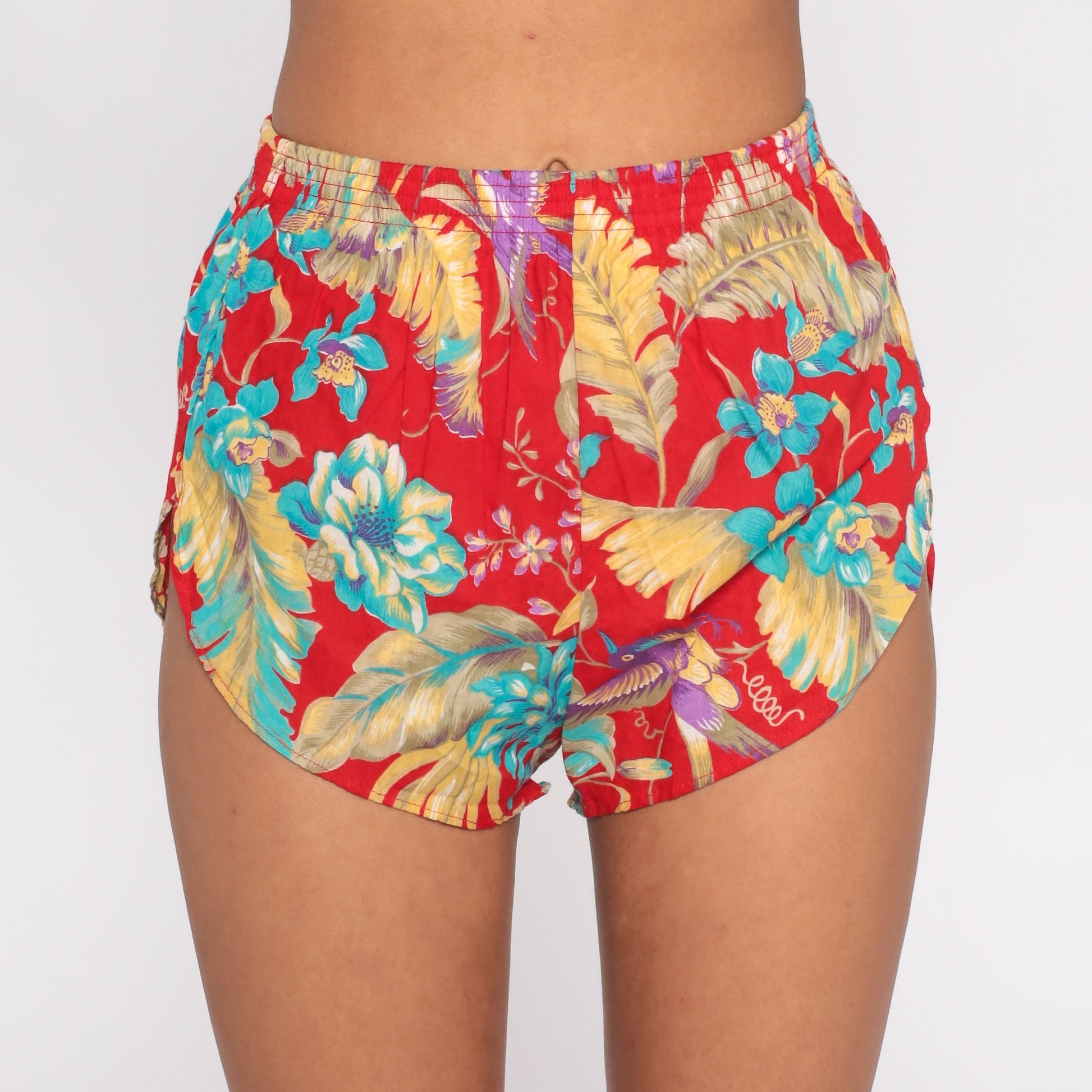 80s Red Floral High-Waist Running Shorts Tropical Gym Jogging Extra Small