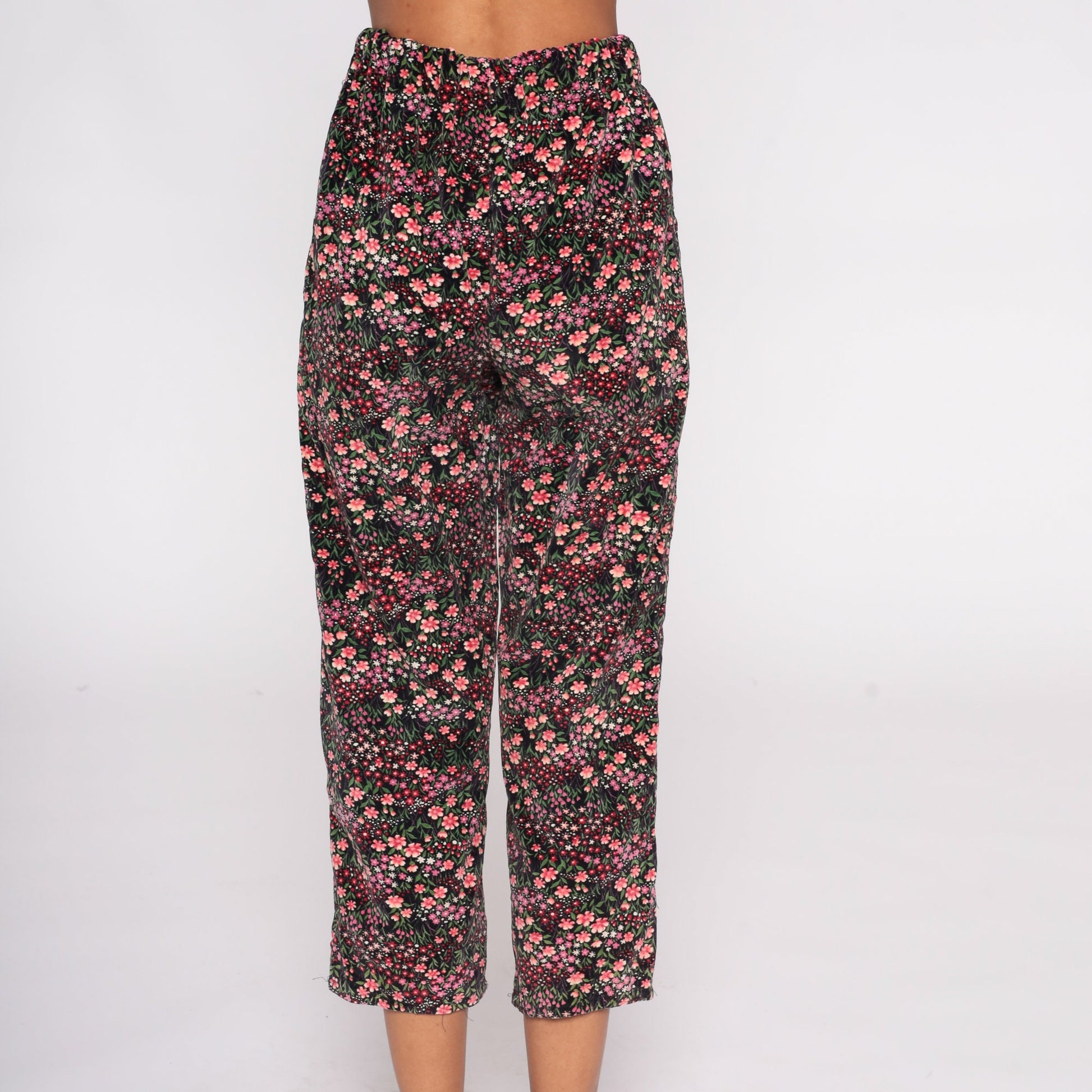 90s Black Velvet Floral Capri Pants Pink Print Elastic Waist Small Medium