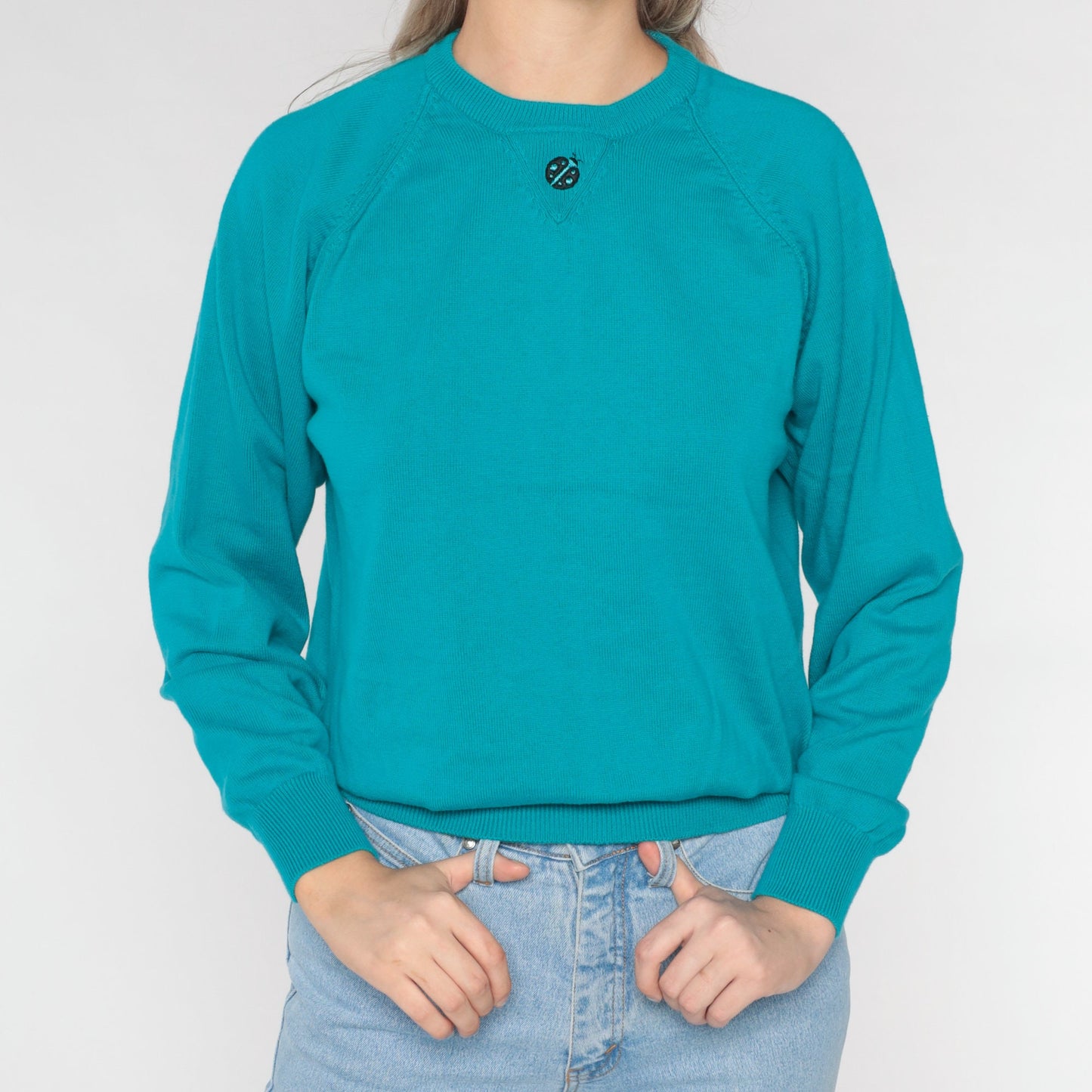 90s Teal Cotton Knit Sweater Ladybug Embroidered Raglan Crewneck Medium
