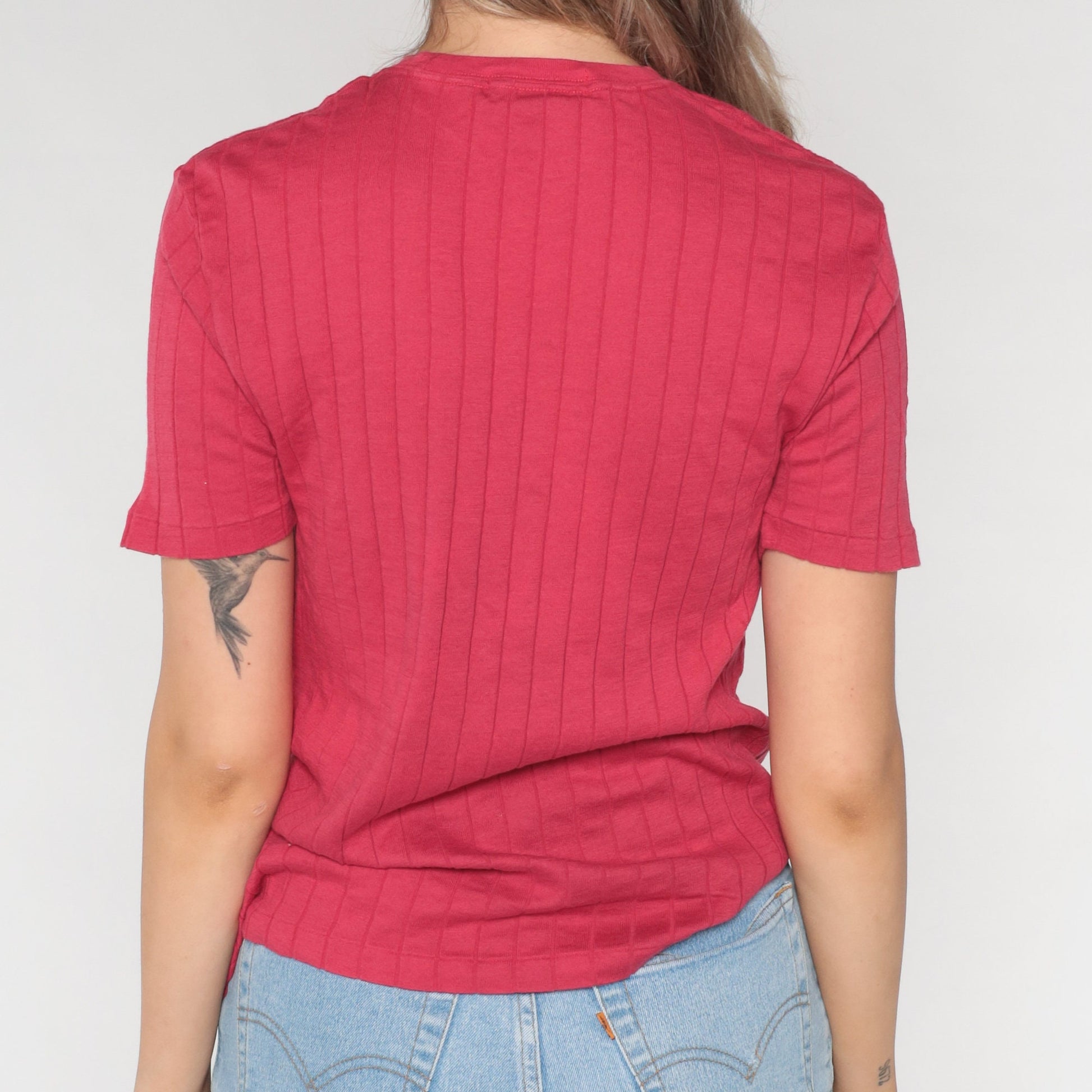 00s Ralph Lauren Pink Pocket T-Shirt Cotton Textured Stripe Medium