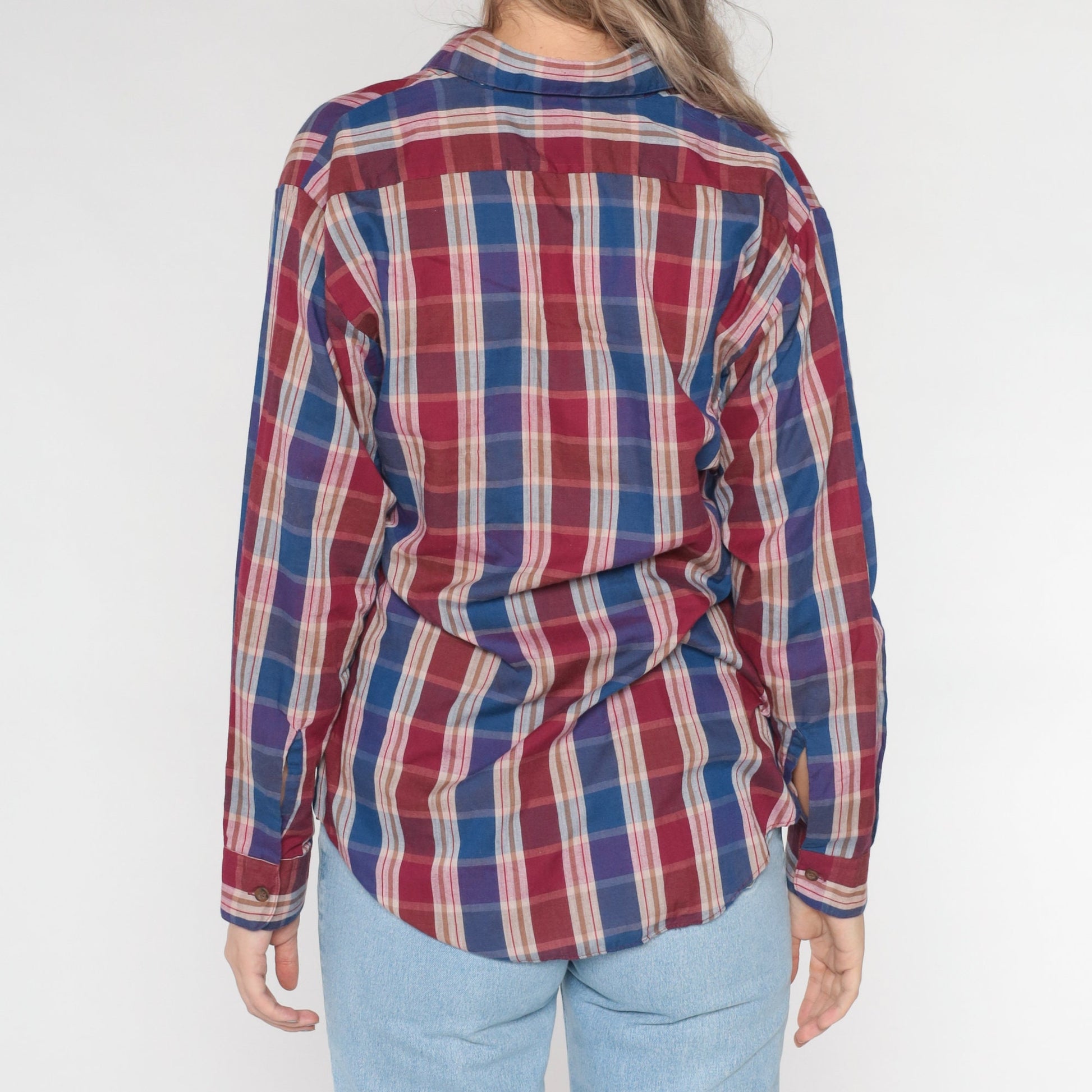 80s Burgundy Blue Plaid Button-Up Shirt Cotton Long Sleeve Medium