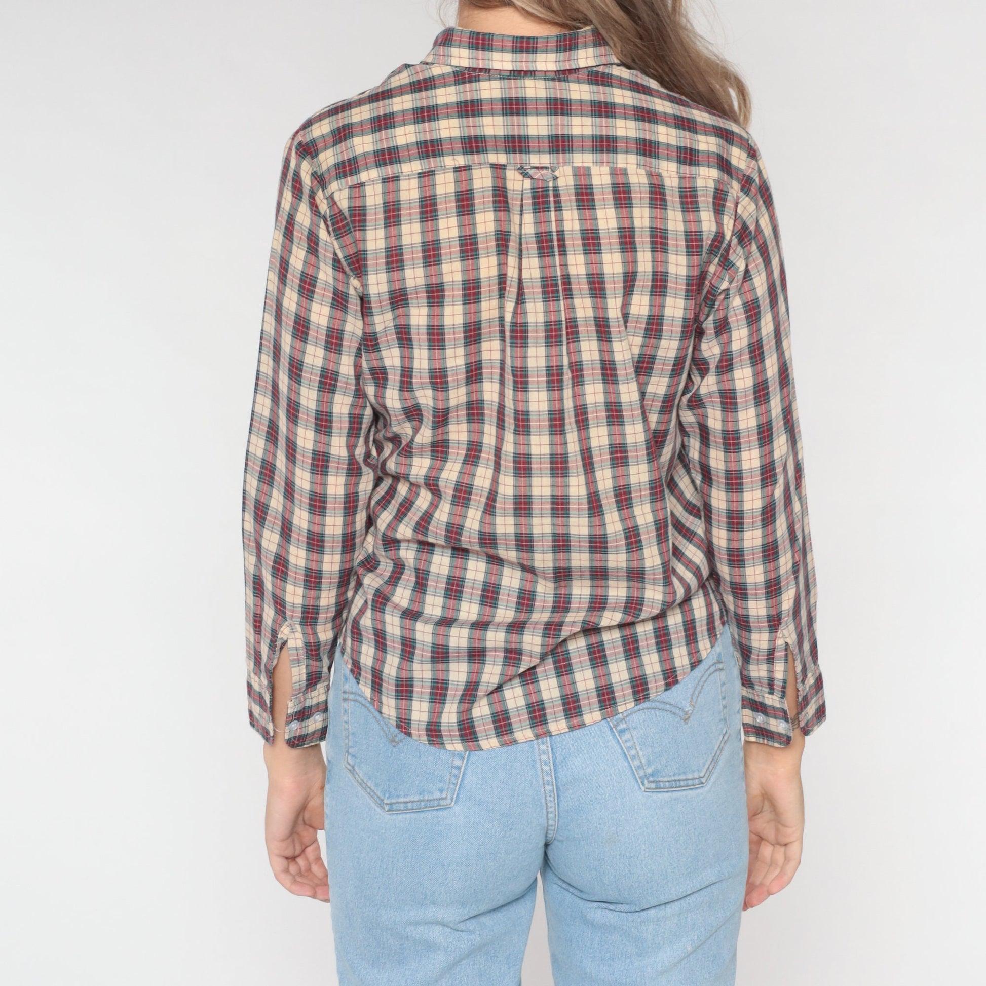 80s Plaid Button-Up Blouse Tan Red Green Checkered Long Sleeve Large