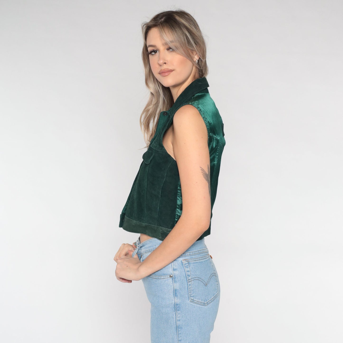 90s Dark Green Suede Leather Snap-Front Vest Small S