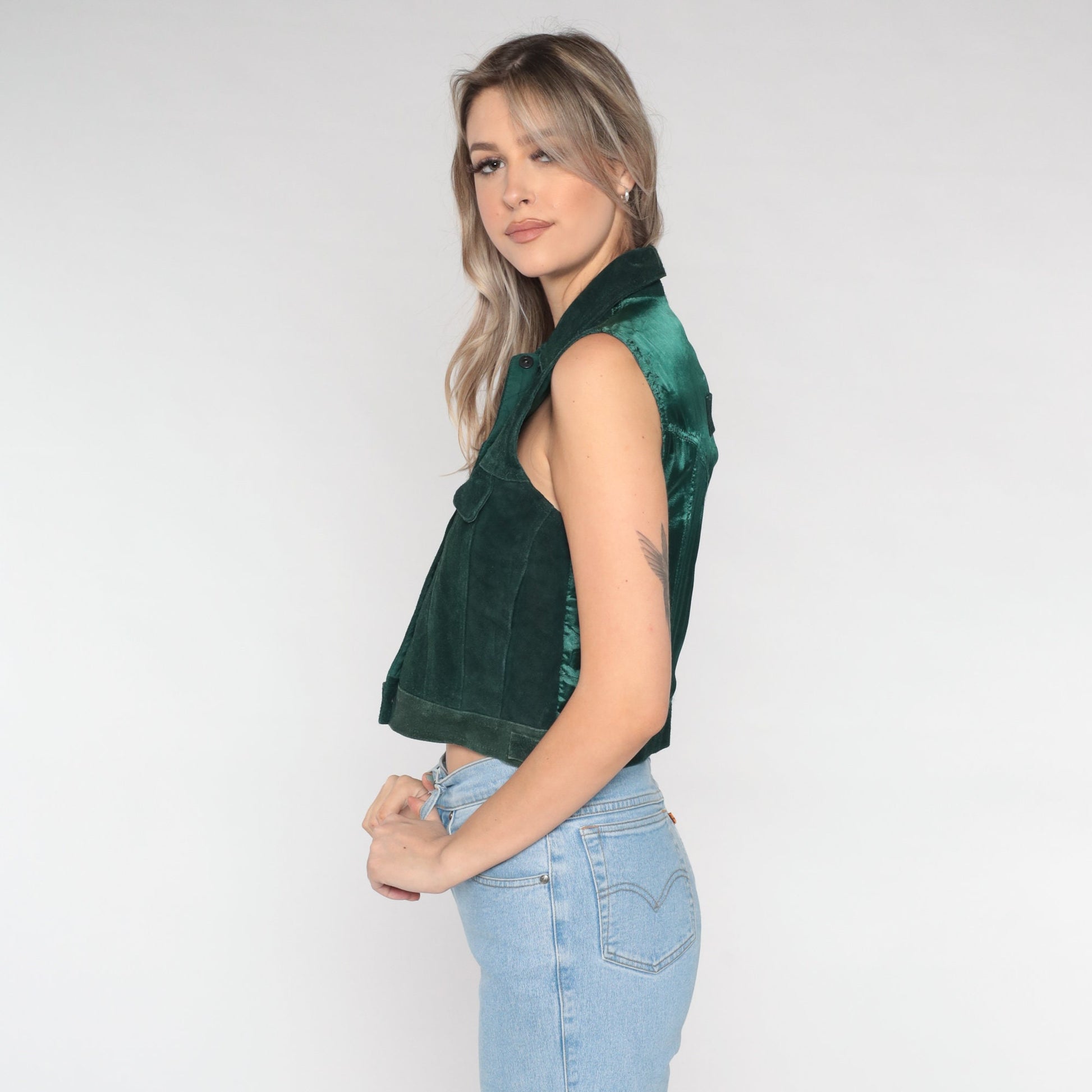 90s Dark Green Suede Leather Snap-Front Vest Small S