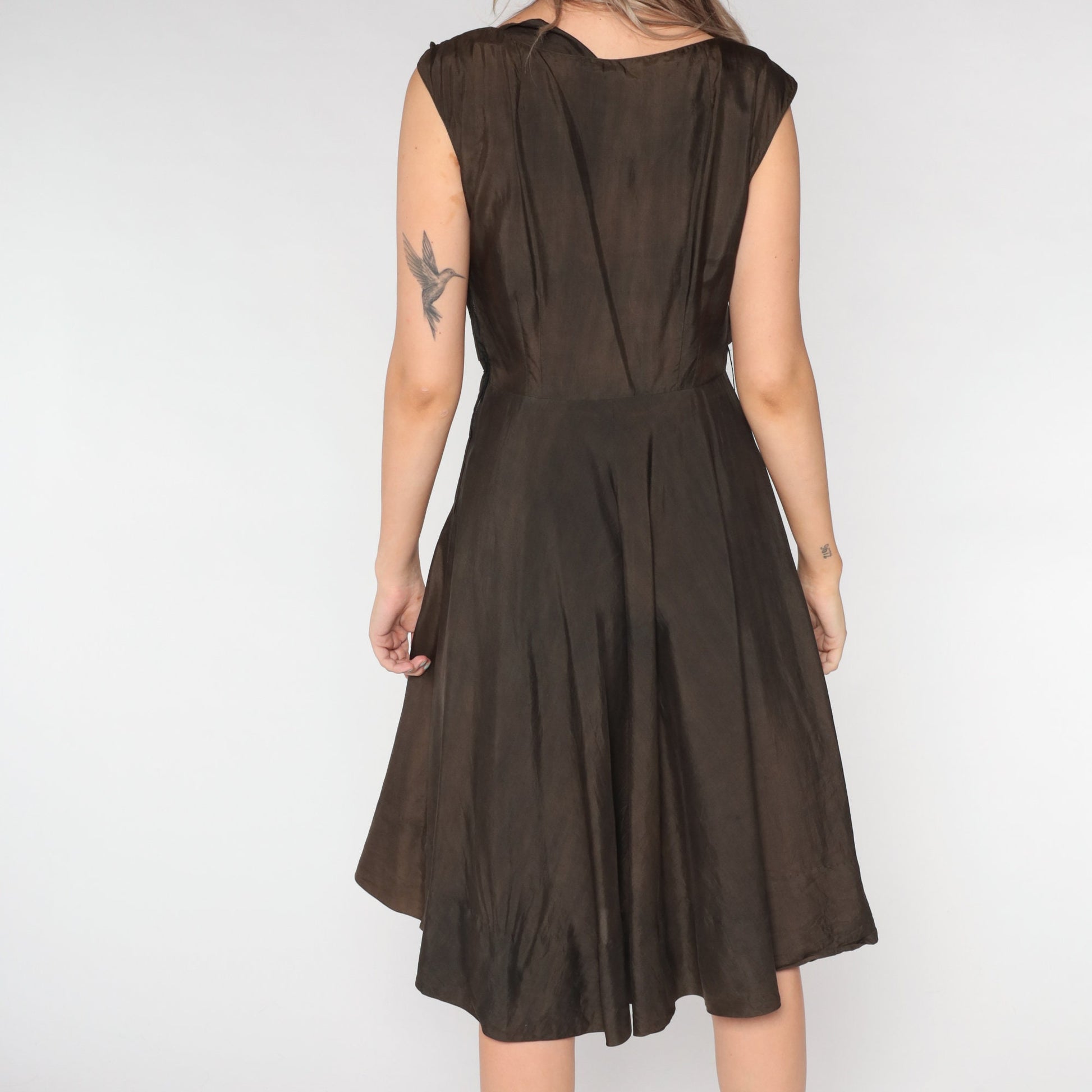 1950s Saks Fifth Avenue Brown Silk Dress Bow High Waist Tea Length Medium