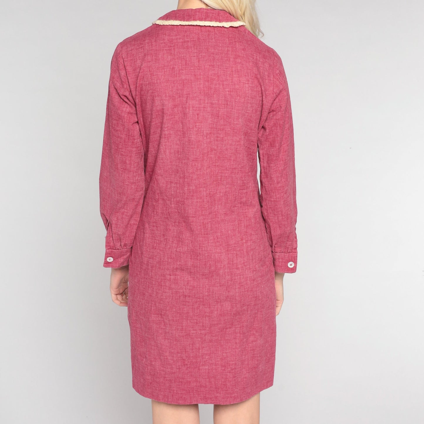 1960s Mod Burgundy Mini Shift Dress Lace Trim Button Front Small