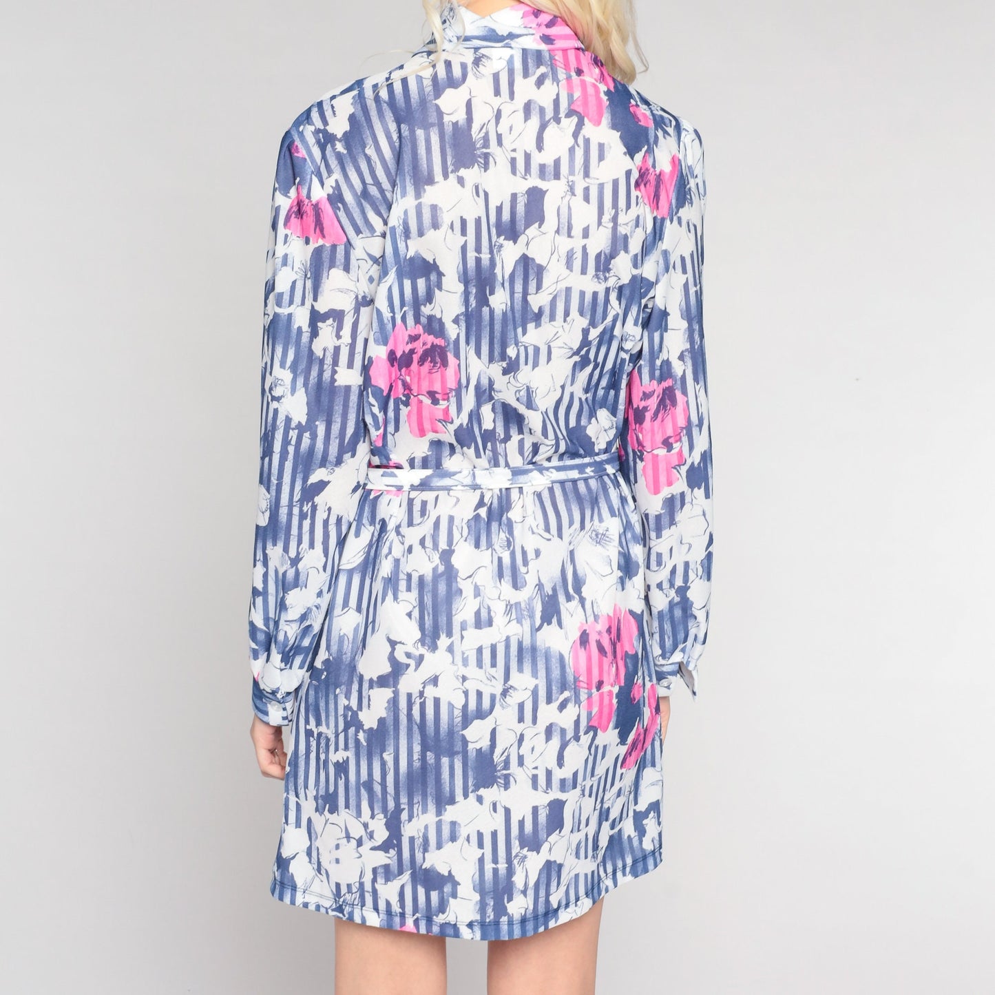 70s Floral Mini Dress Ascot Bow Purple Shift Dress Long Sleeve Medium