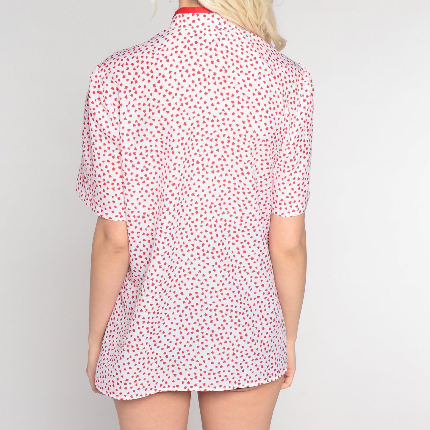 80s Red White Leaf Print Ascot Blouse Short Sleeve Button Up Medium Large