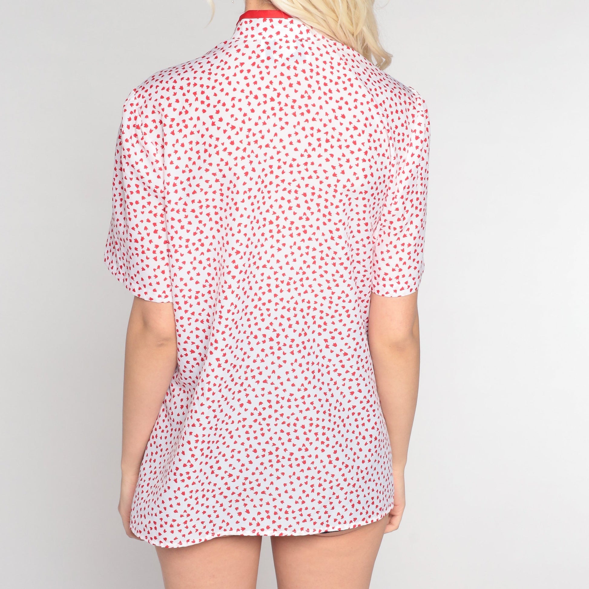 80s Red White Leaf Print Ascot Blouse Short Sleeve Button Up Medium Large