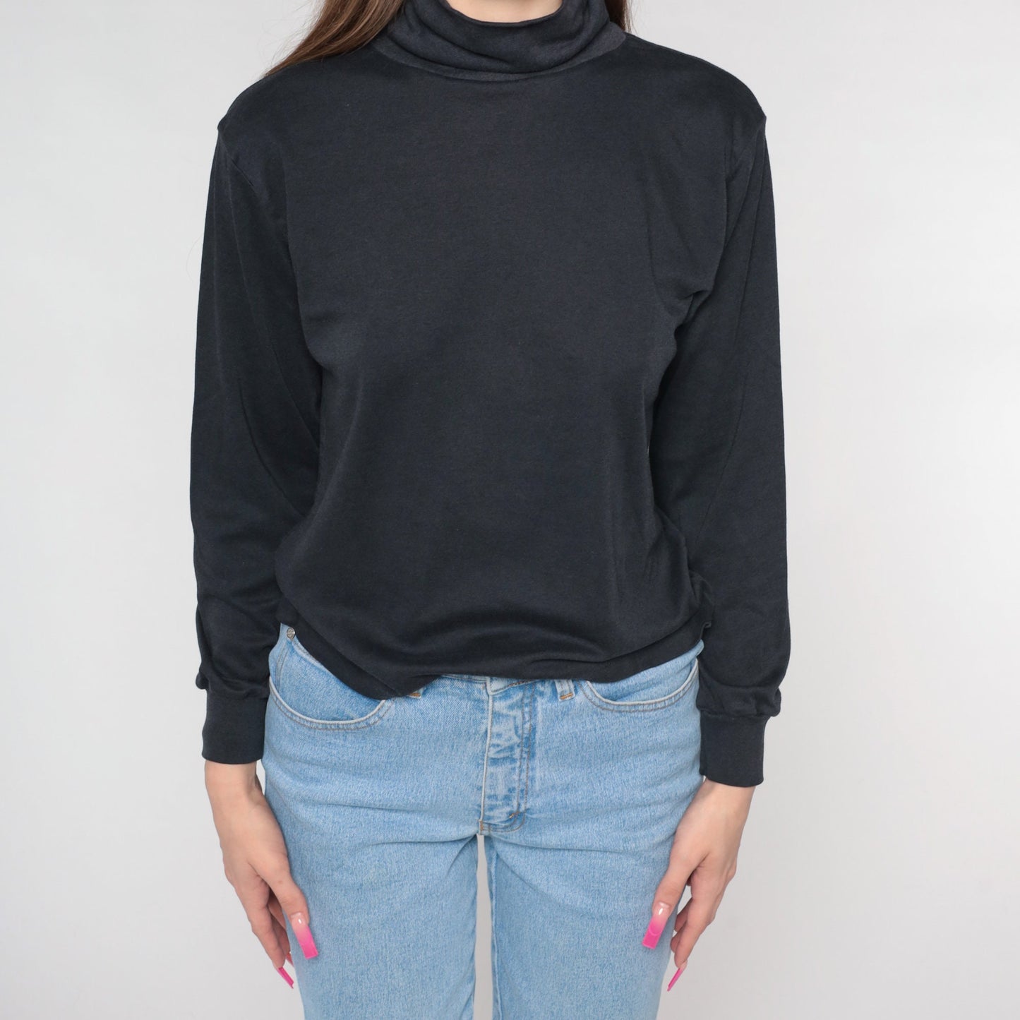 90s Black Turtleneck Long Sleeve Shirt Plain Cotton Medium