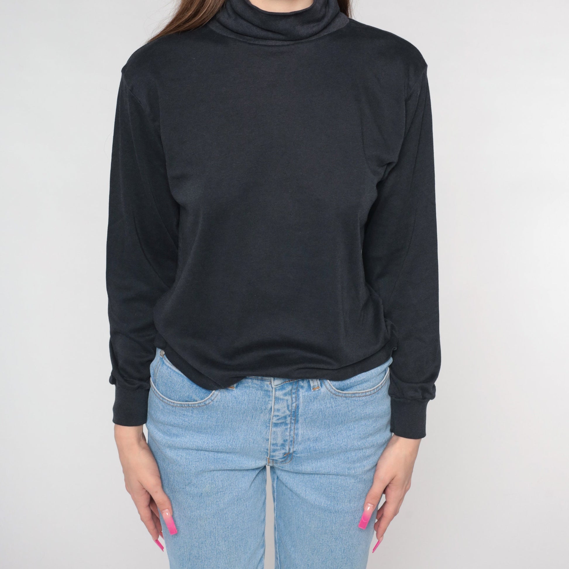 90s Black Turtleneck Long Sleeve Shirt Plain Cotton Medium