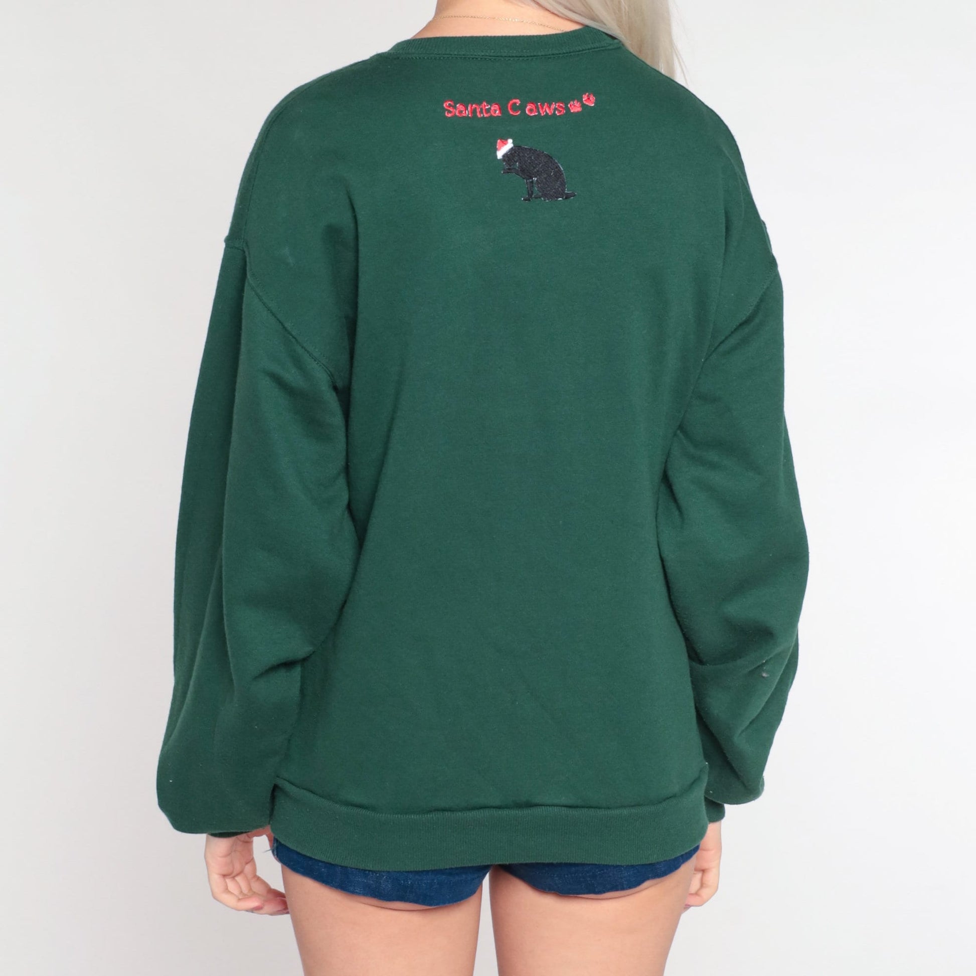Y2K Meowy Christmas Cat Sweatshirt Green Crewneck Jerzees Medium
