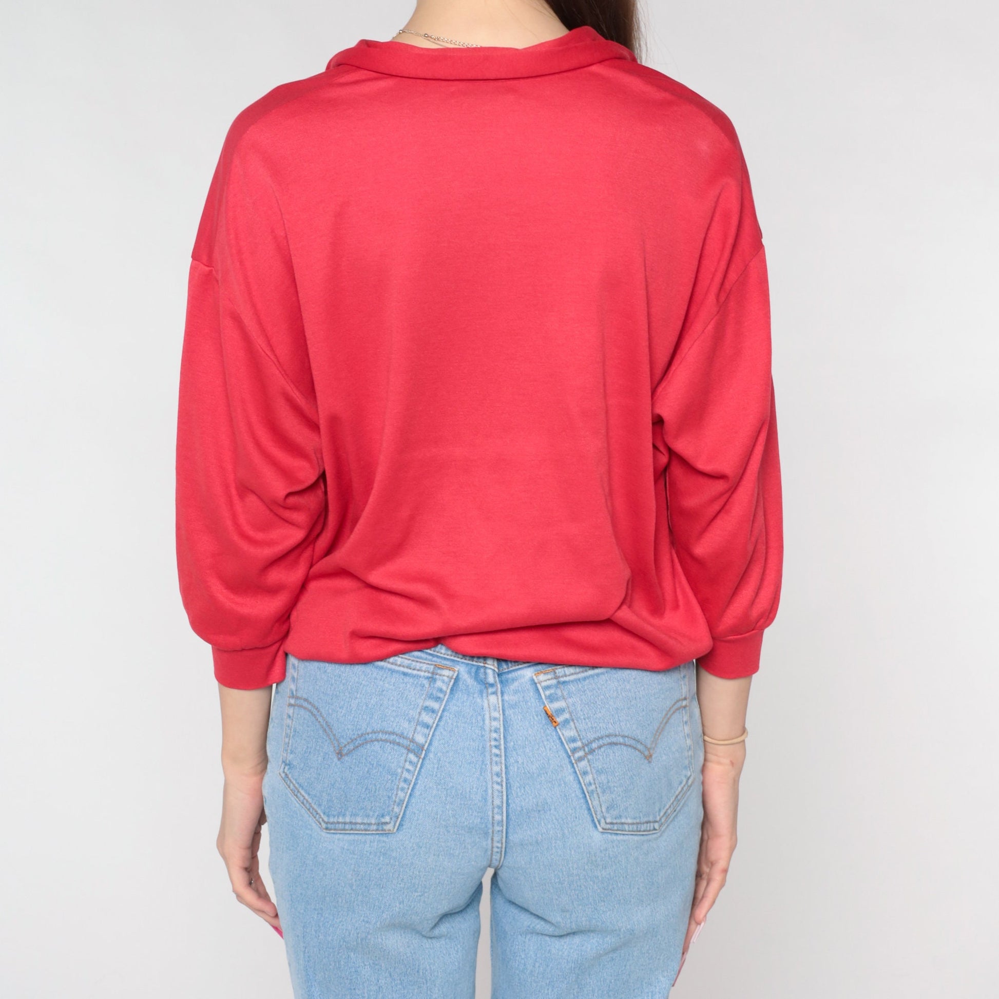 80s Red Quarter-Button Collared Sweatshirt Slouchy Pullover Medium