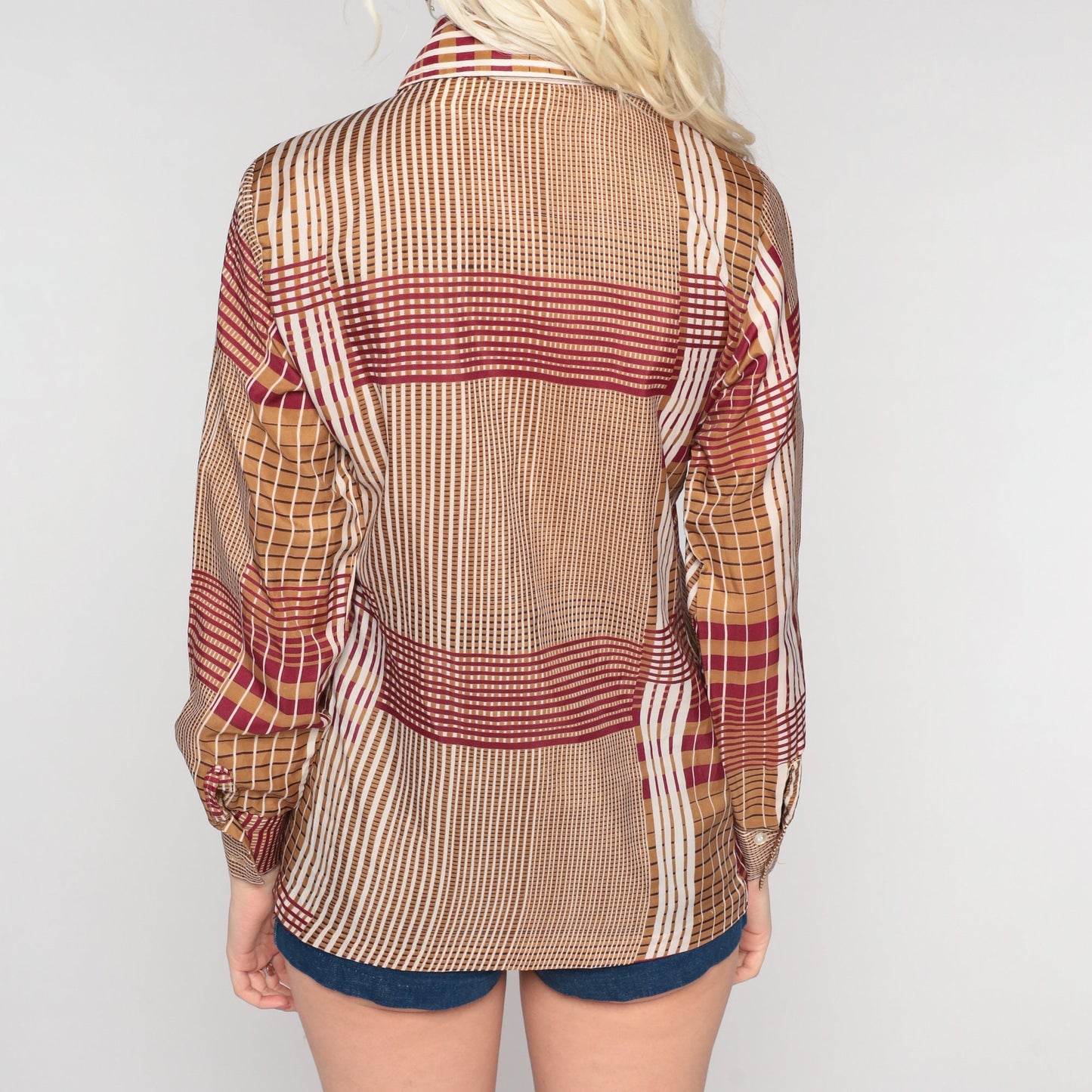 70s Checkered Button-Up Shirt Red Brown Dagger Collar Long Sleeve Small