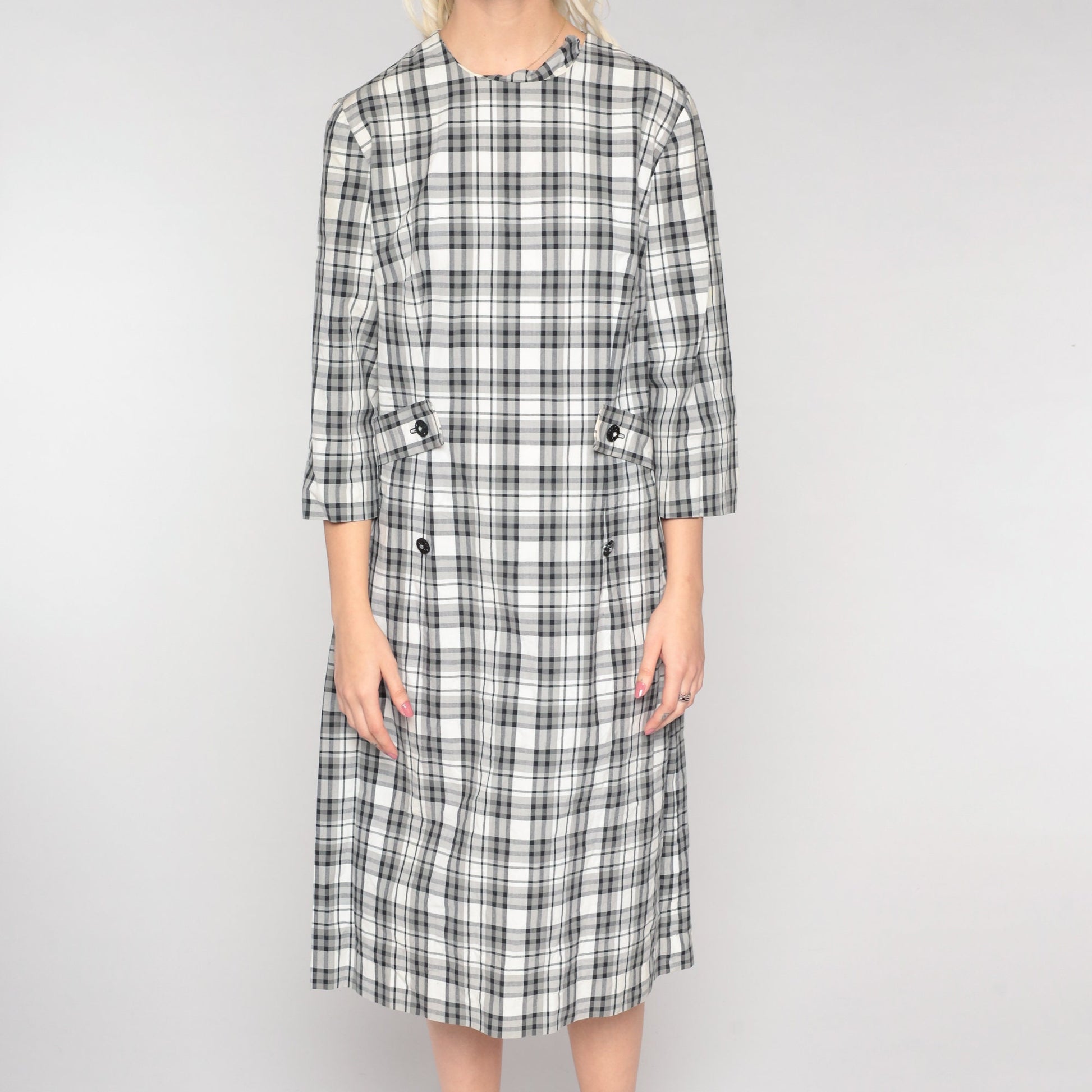 60s Mod Checkered Shift Dress Grey Plaid Midi Medium