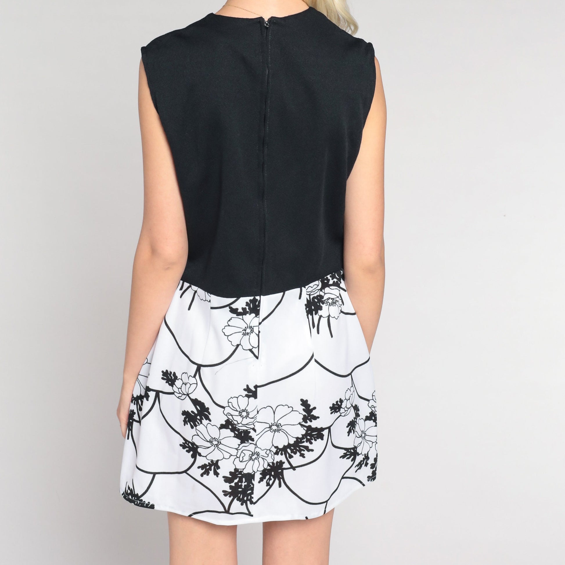70s Black & White Floral Mini Dress High Waist Sleeveless Large L