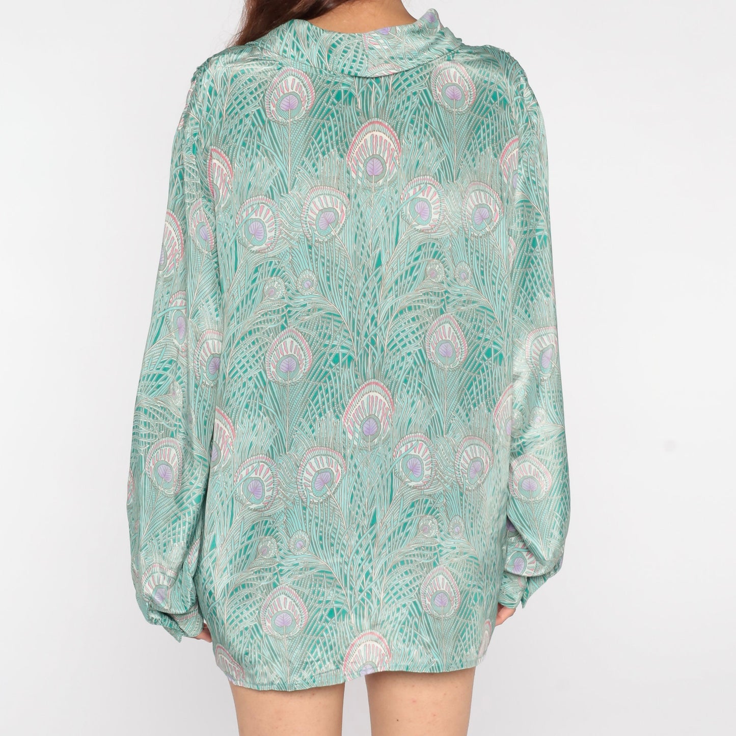 70s Peacock Feather Blouse Green Cowl Neck Disco Shirt Campus Casuals