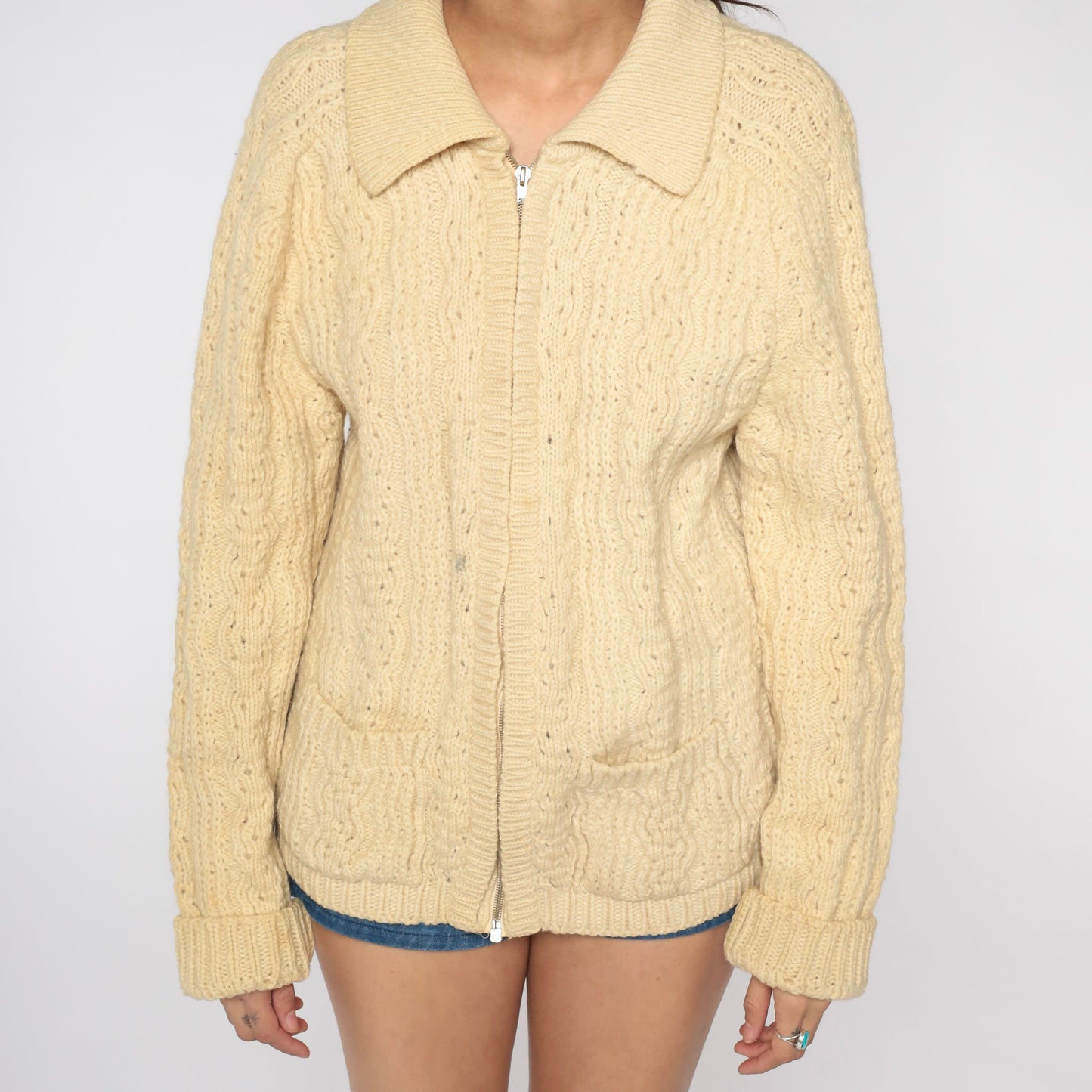 70s Cream Wool Cable Knit Cardigan Zip-Up Fisherman Sweater Large