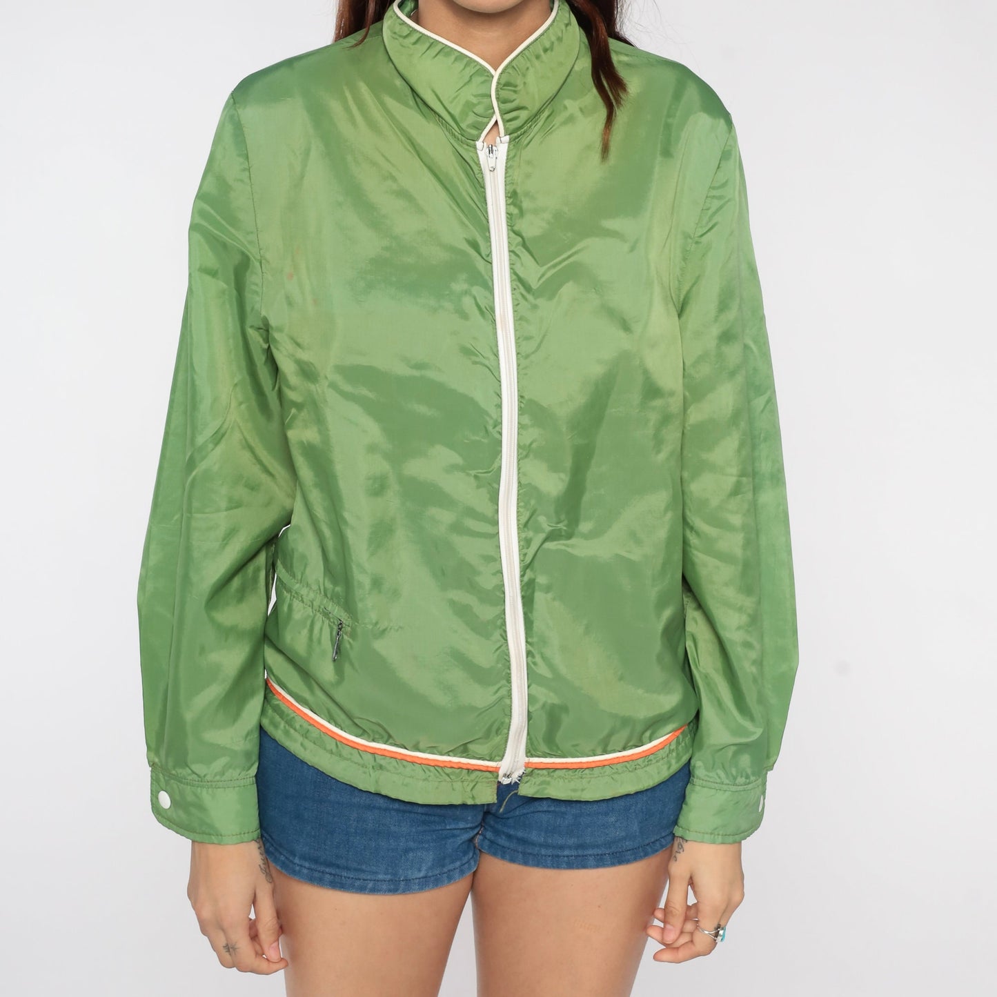 70s Green Windbreaker Jacket Nylon Zip-Up Orange White Trim Small