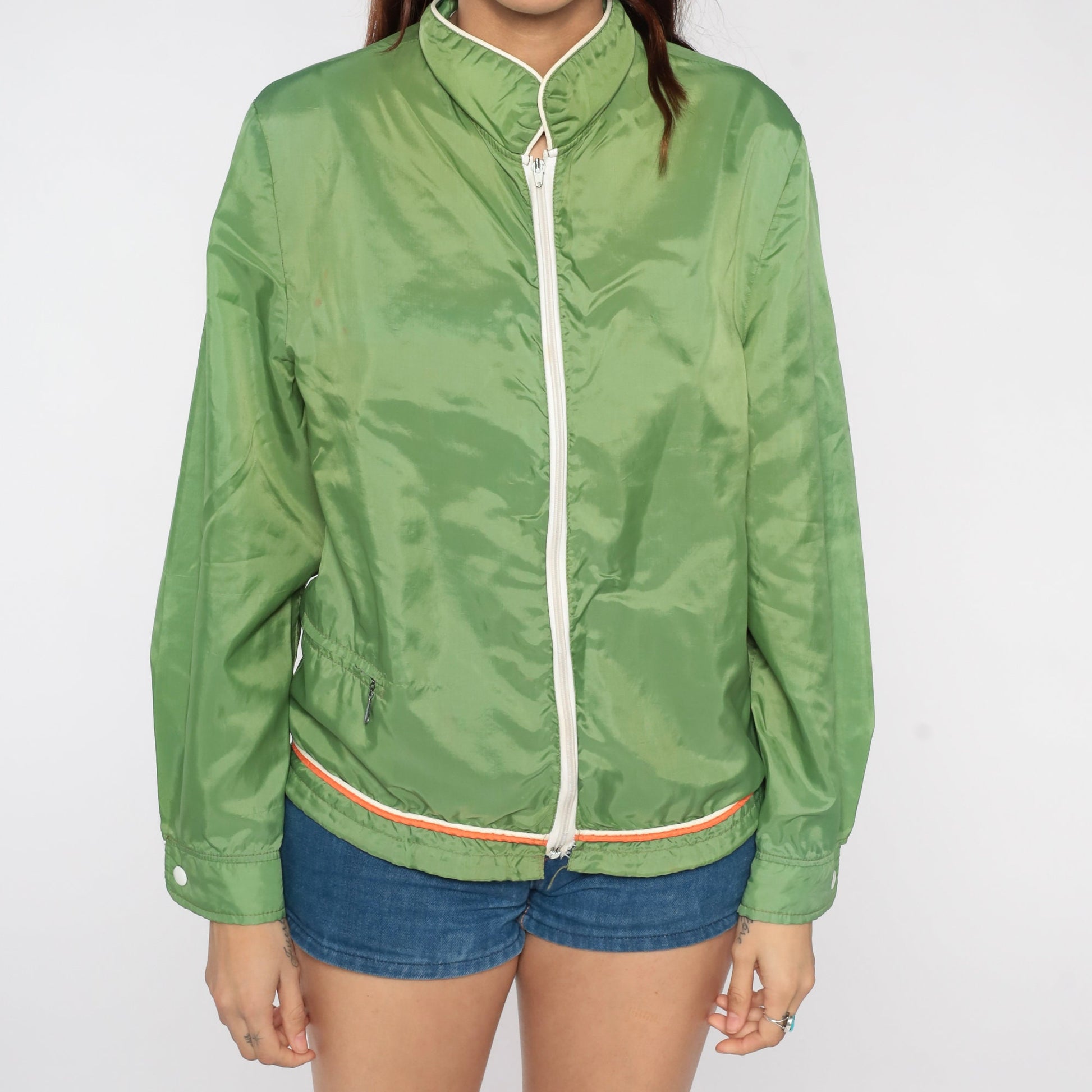 70s Green Windbreaker Jacket Nylon Zip-Up Orange White Trim Small
